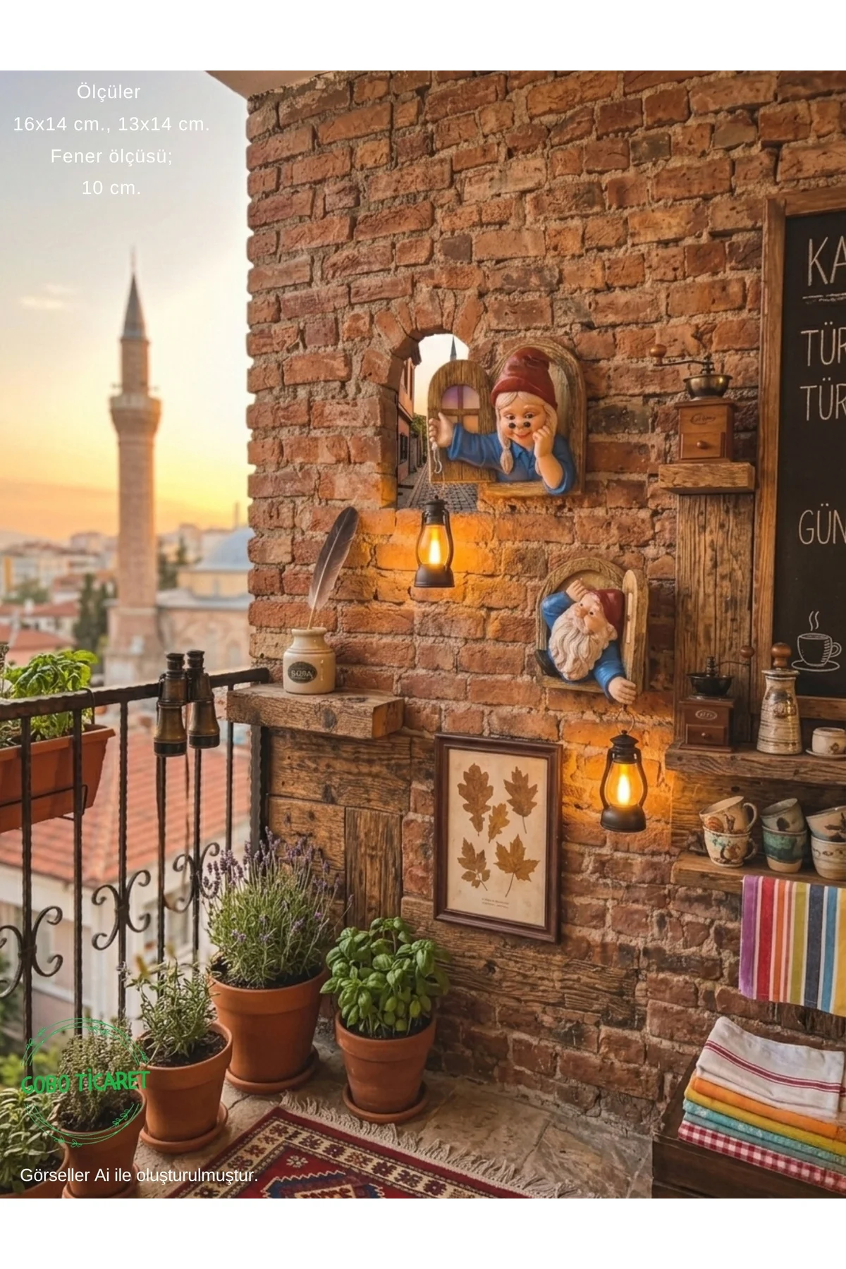 Fenerli Dekoratif Cüce Figürlü Dede ve Nine 2li Set Duvar ve Kapı Lambası–LED Işıklı (Renk Seçeneği)