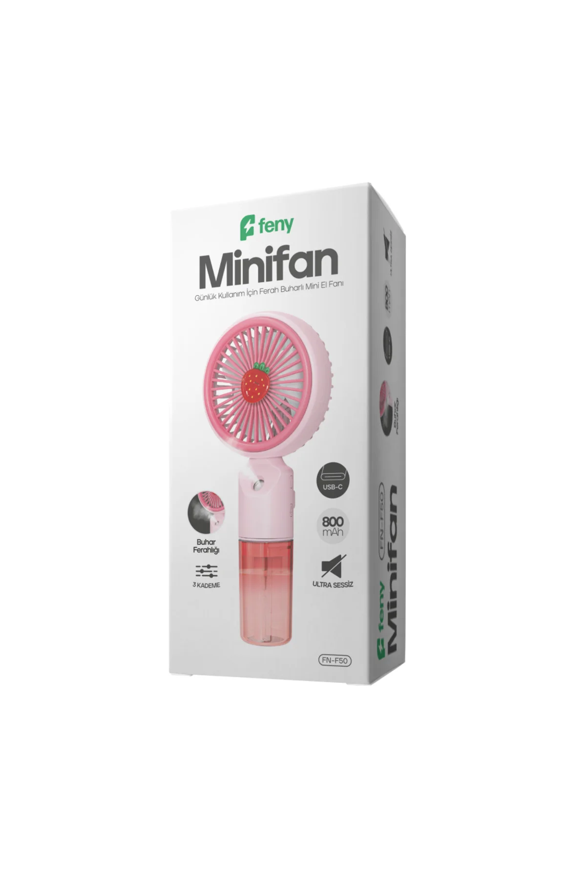 FENY FN-F50, PEMBE, 3 Kademeli Hız, Buharlı Ferahlık, Elde Kullanım, Dahili 800mAh Bataryalı, Type-C