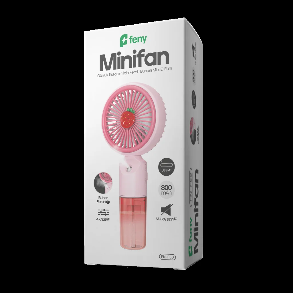 Feny FN-F50 Pembe 3 Kademeli Hızlı Buharlı Vantilatör - 800mAh Dahili Batarya ve Type-C Şarj