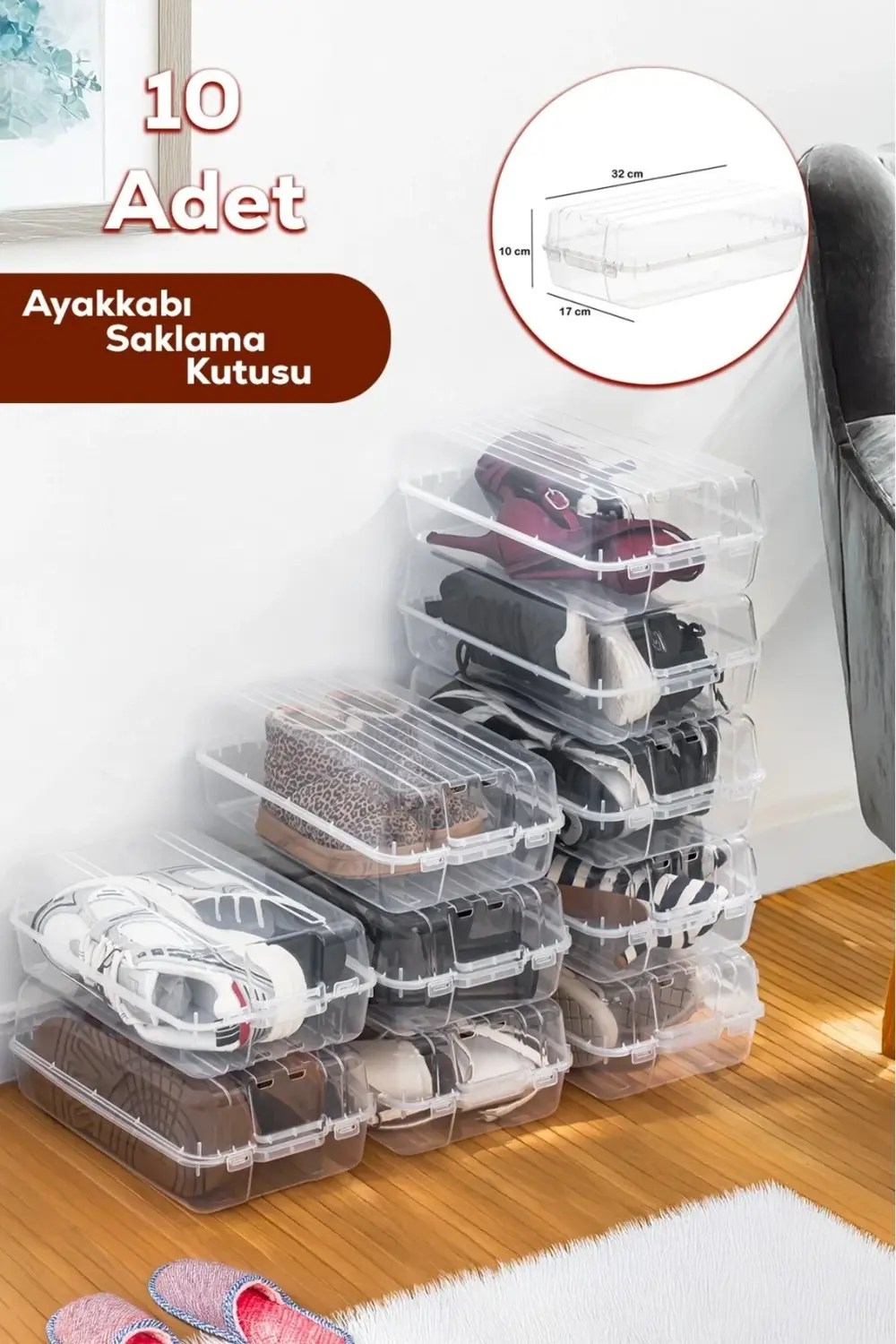 Ferah Plastik 10’lu Şeffaf Ayakkabı Saklama Kutusu – Kapaklı ve T