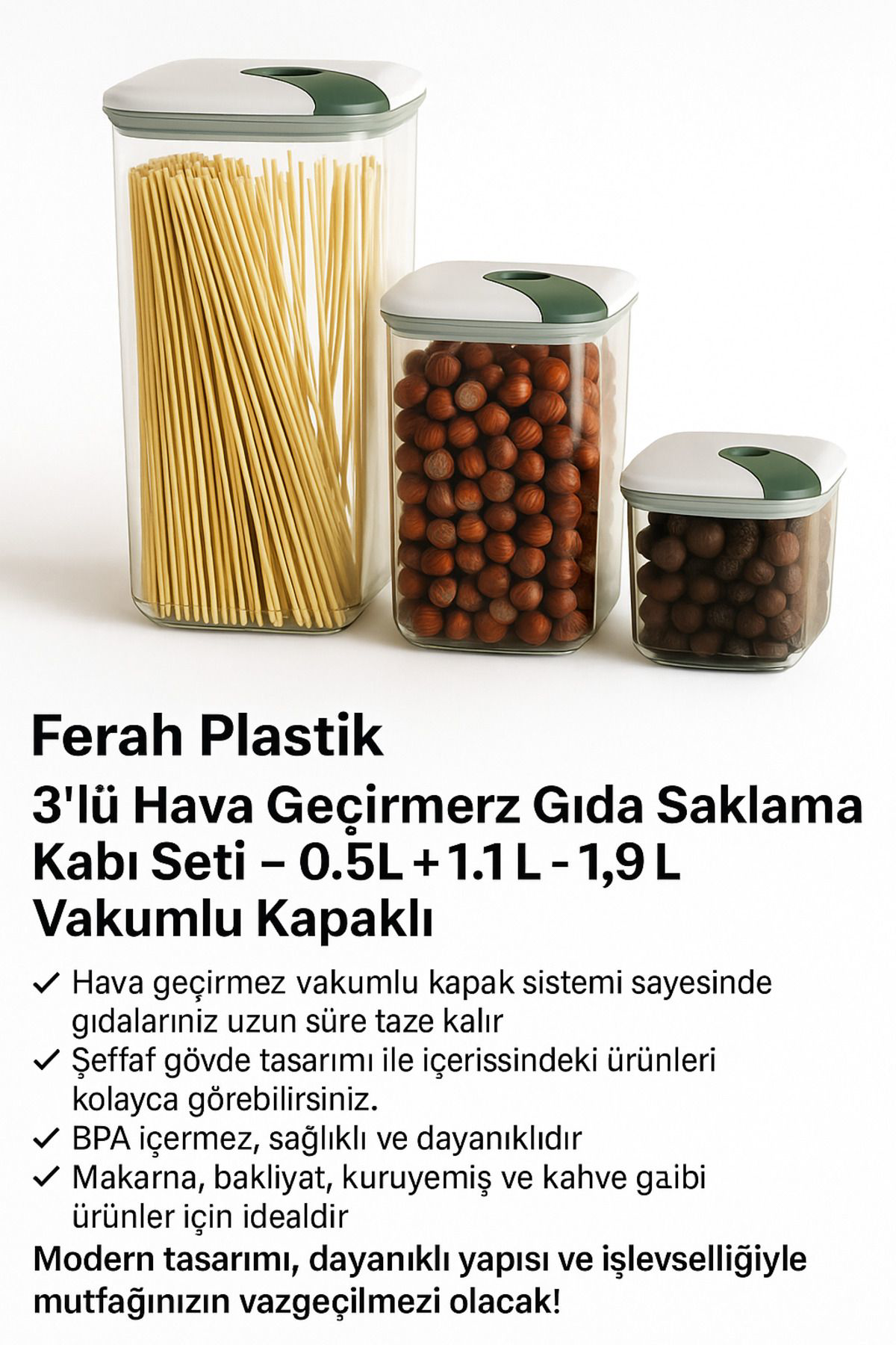 Ferah Plastik 3'lü Hava Geçirmez Gıda Saklama Kabı Seti – 0.5L +