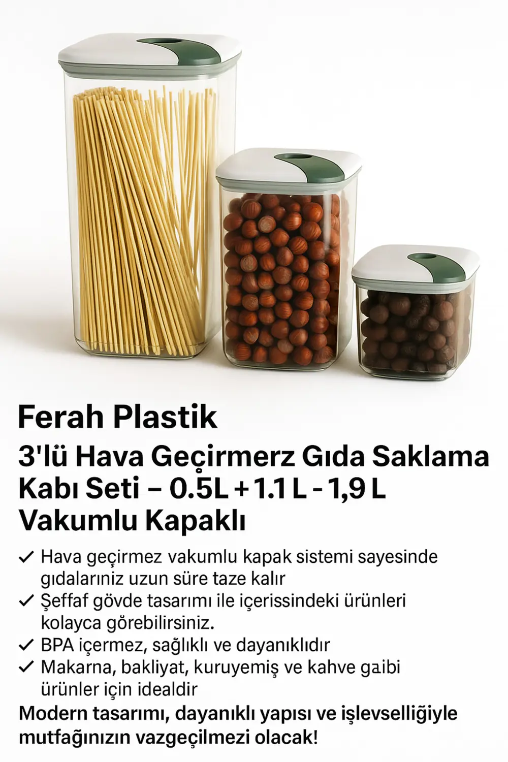 Ferah Plastik 3'lü Hava Geçirmez Gıda Saklama Kabı Seti – 0.5L +