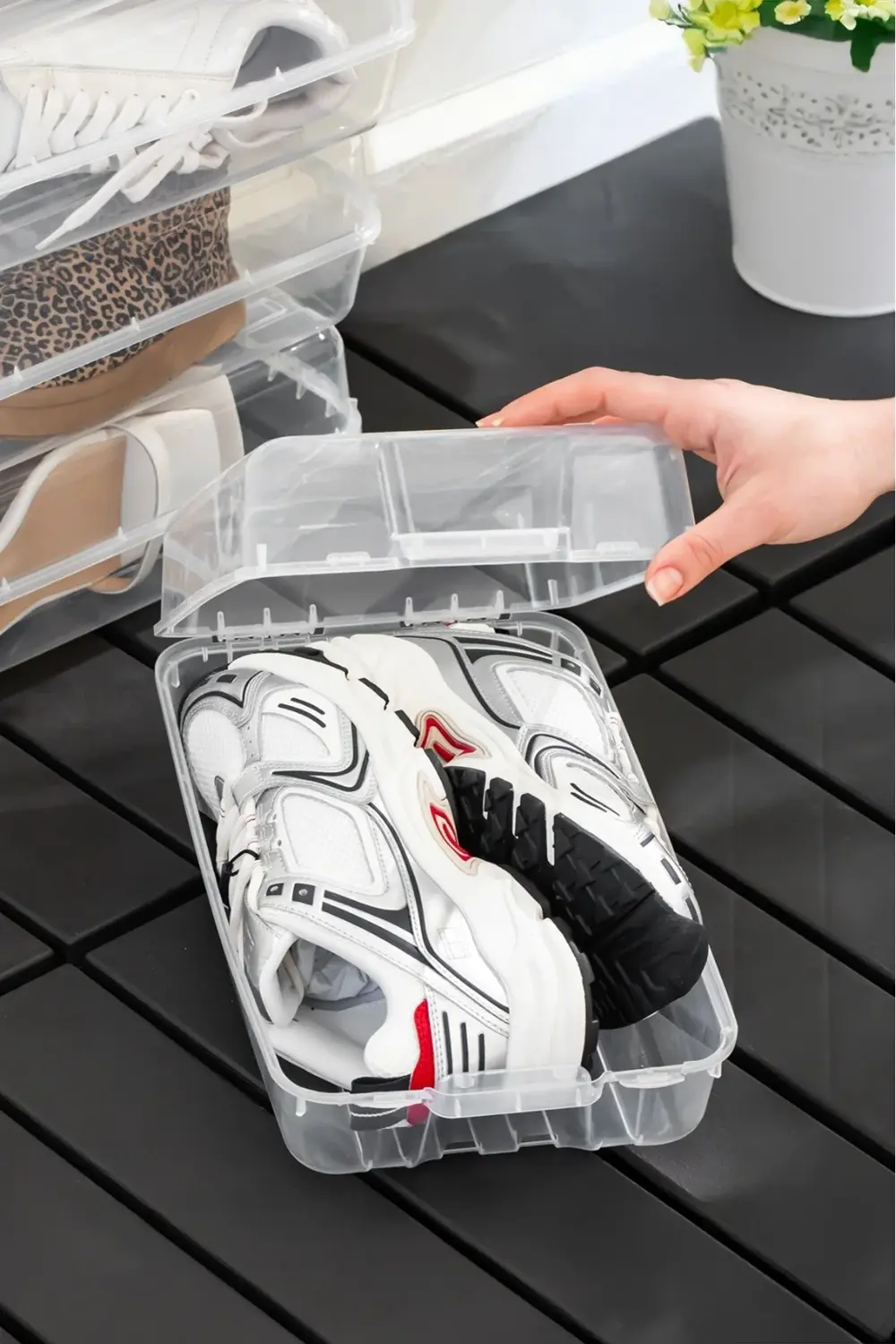 Ferah Plastik 5li Şeffaf Ayakkabı Saklama Kutusu – Kapaklı ve Taş