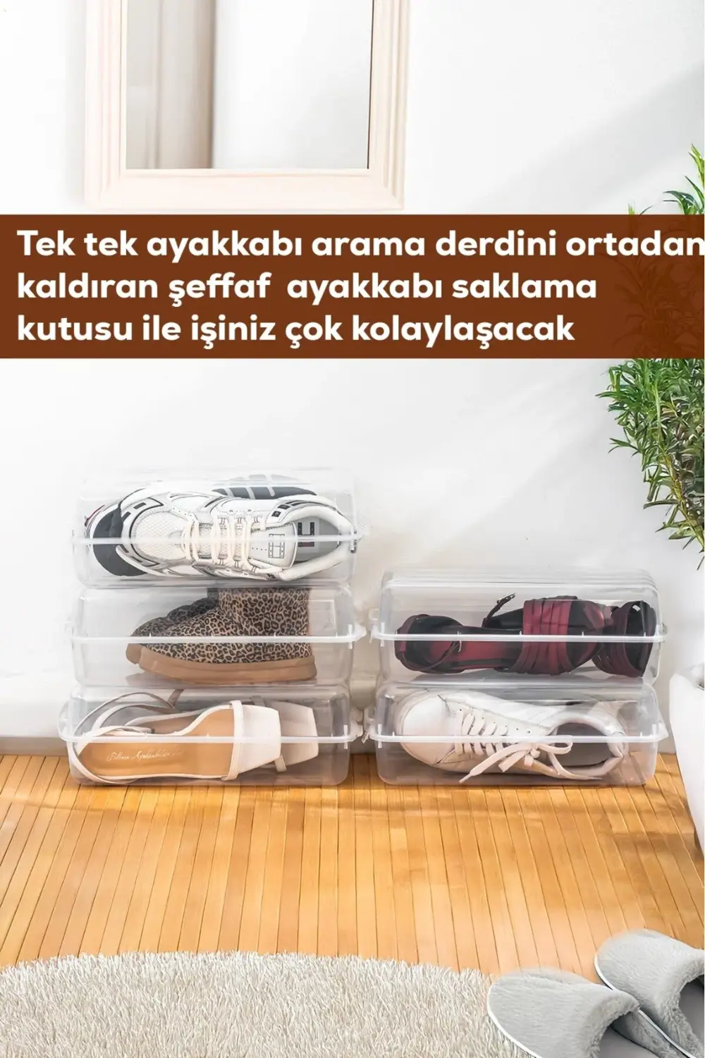 Ferah Plastik 5li Şeffaf Ayakkabı Saklama Kutusu – Kapaklı ve Taş