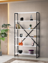 Sivas Gözde Mobilya Ferforje Beyaz Ahşap 5 Rafli Kitaplik 100X30x180