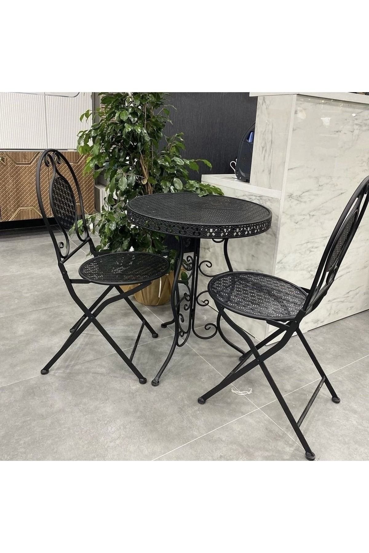 Elif Aksesuar Ferforje Katlanır Masa Sandalye Balkon Takımı Siyah 60Cm