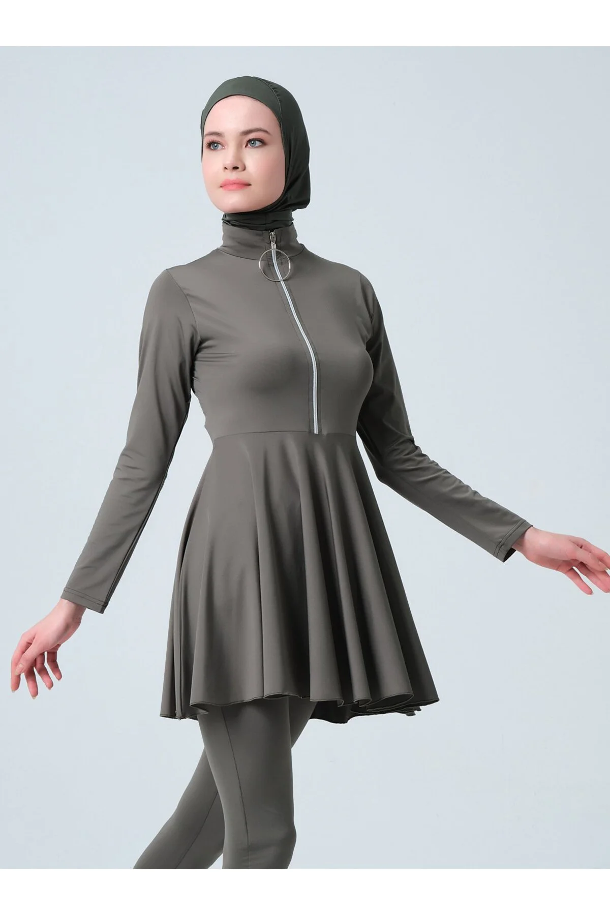 Fermuar Süslemeli Tesettür Mayo - Haki -