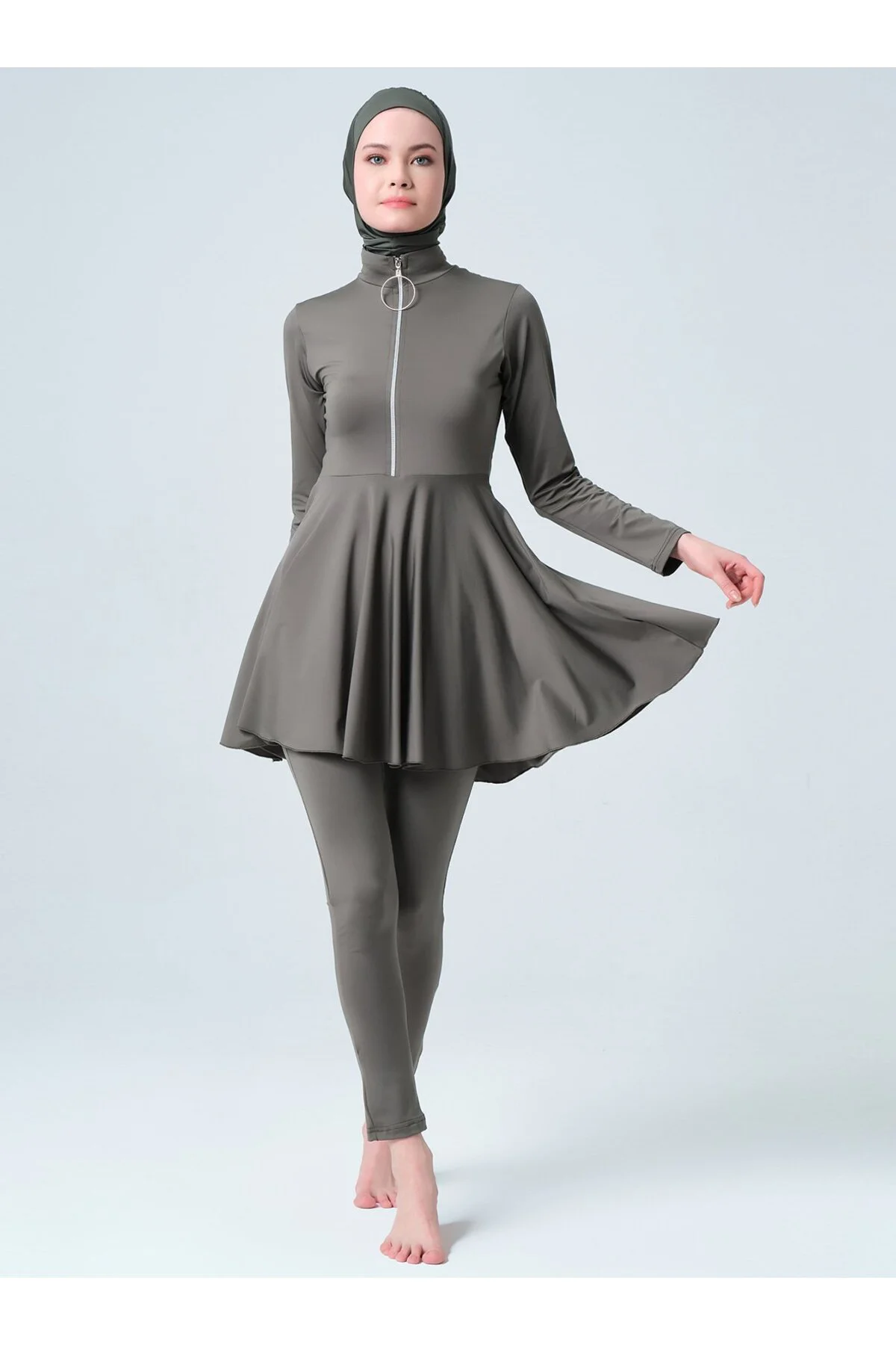 Fermuar Süslemeli Tesettür Mayo - Haki -