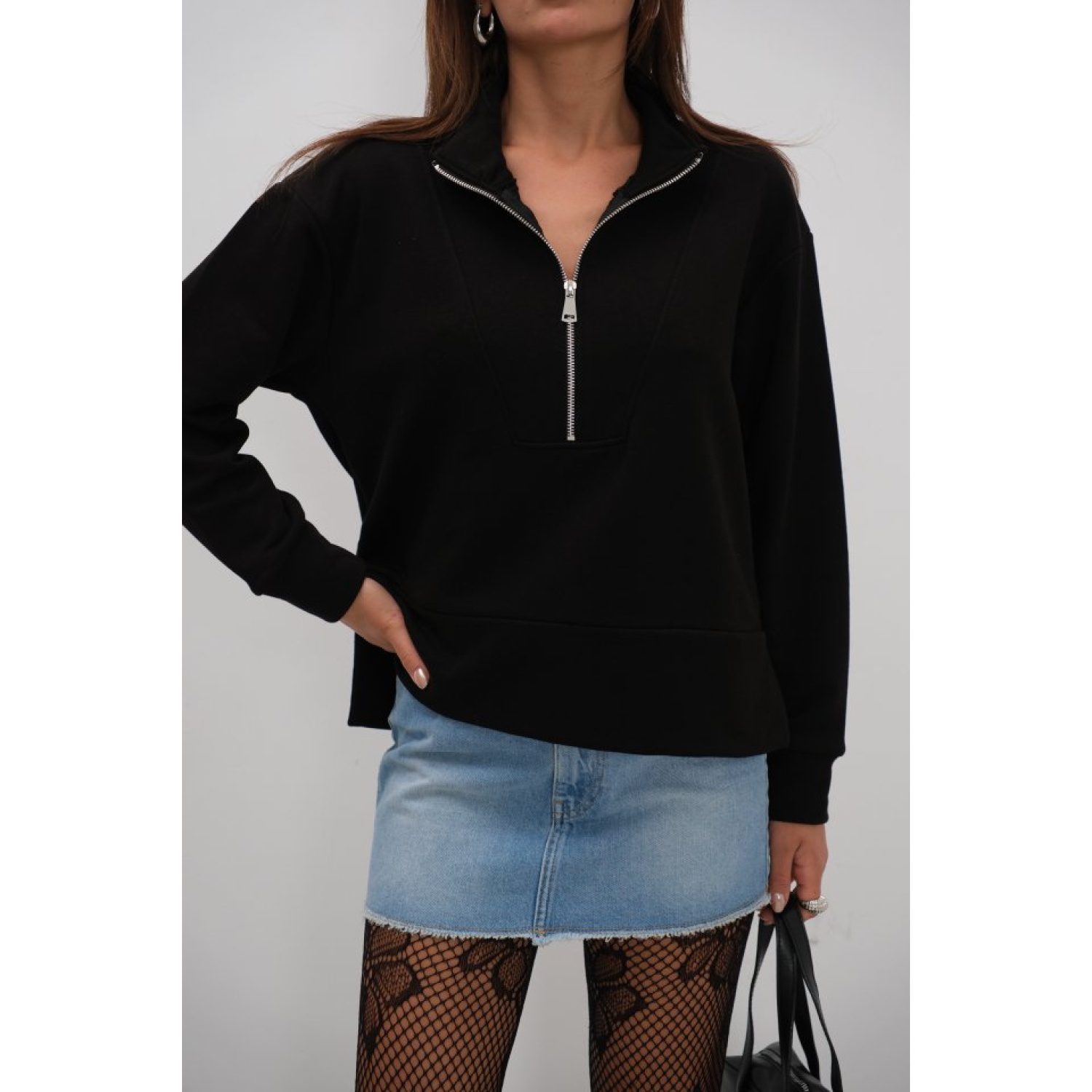 Fermuar Ve Dikiş Detaylı Sweatshirt