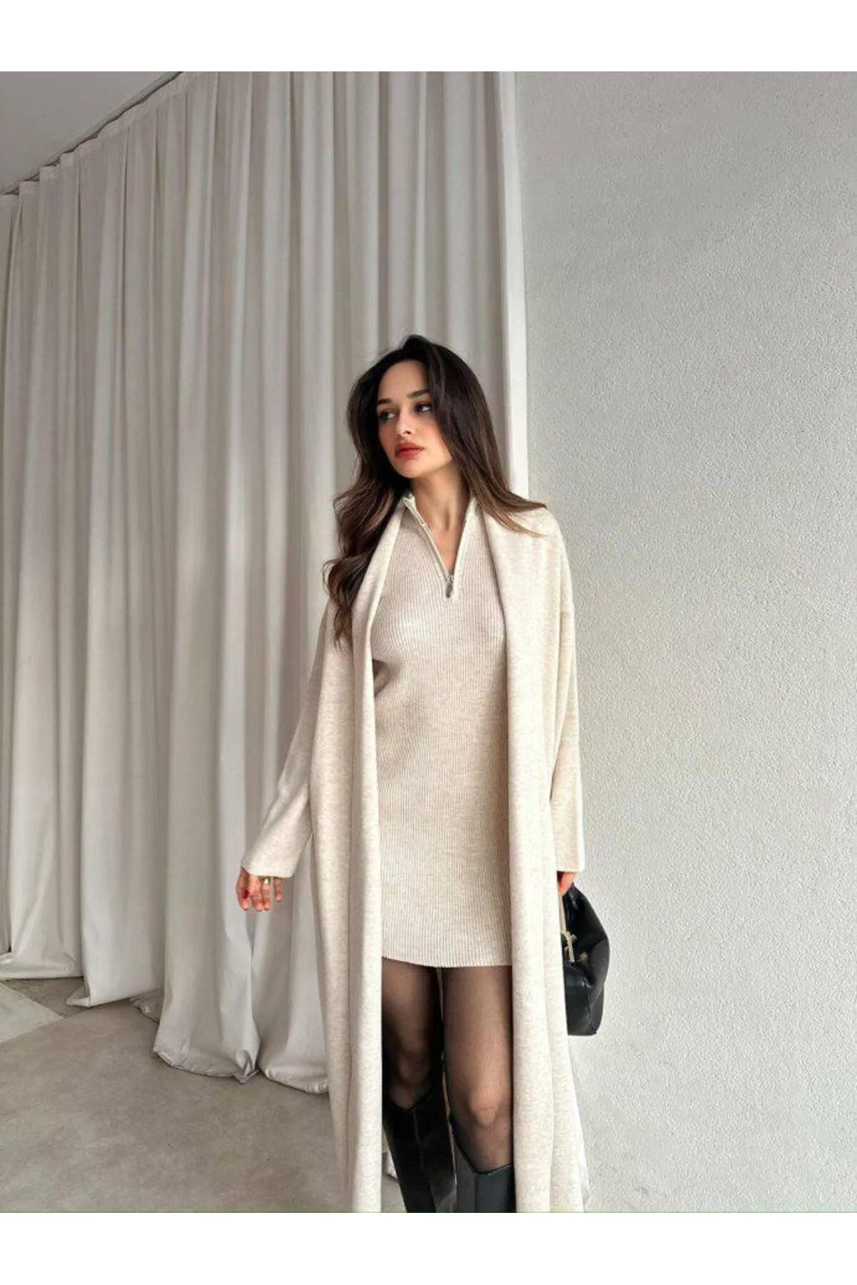 Fermuarlı Fitilli Triko Elbise - Uzun Hırka