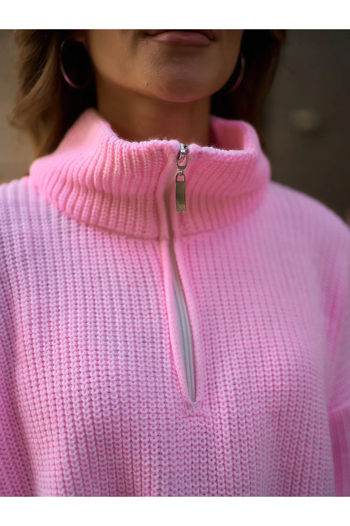 Nzl Tekstil Fermuarli Hakim Yaka Oversize Kadin Triko Kazak