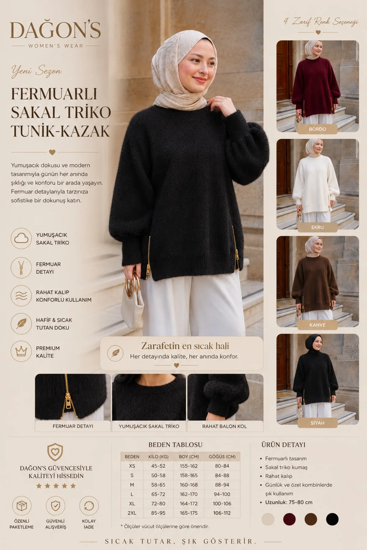 Fermuarlı Kadın Sakal Kazak Triko Tunik- Kazak