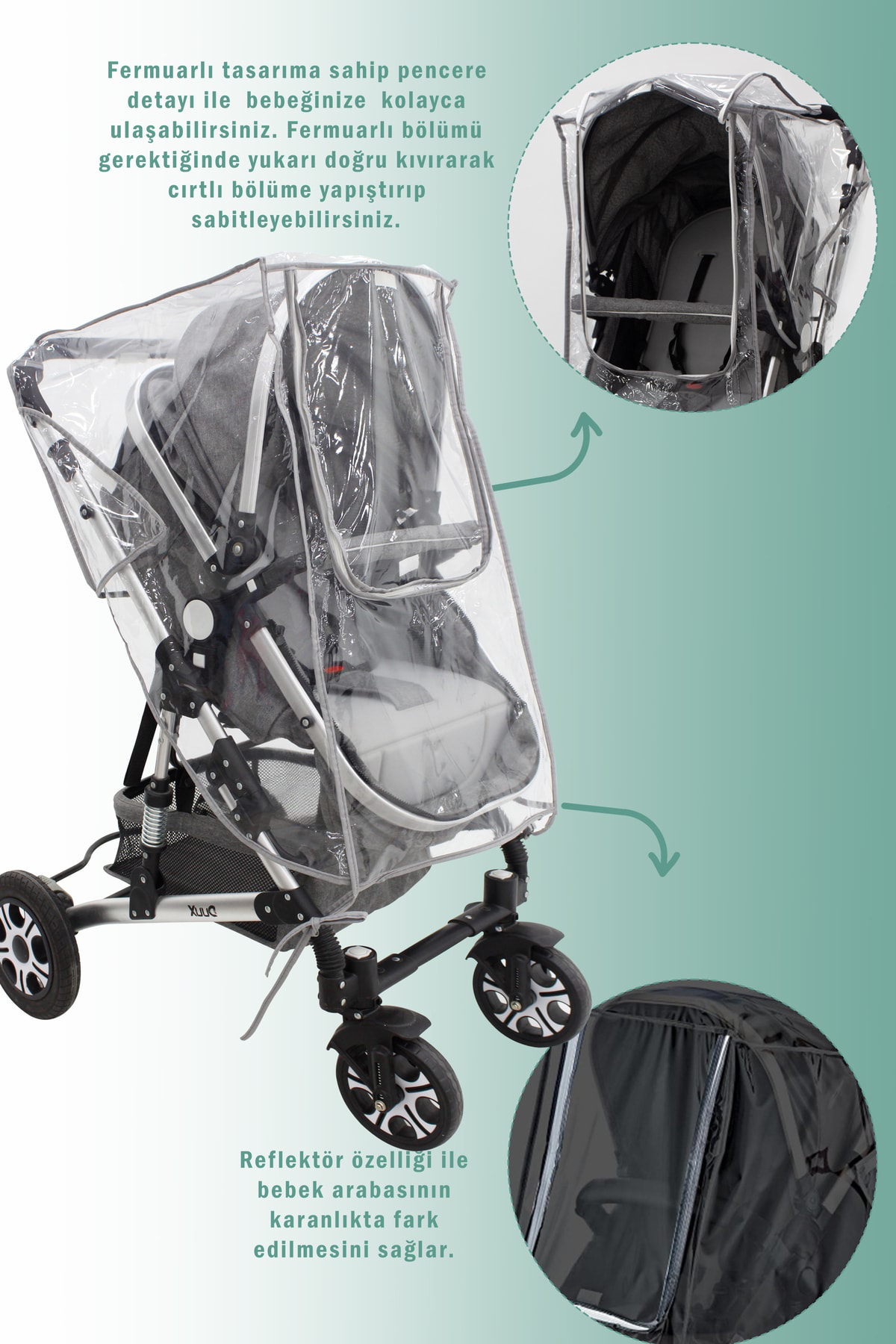 Mordesign Fermuarlı Ultra Lüx Bebek Arabası Yağmurluğu, Reflektör Özellikli