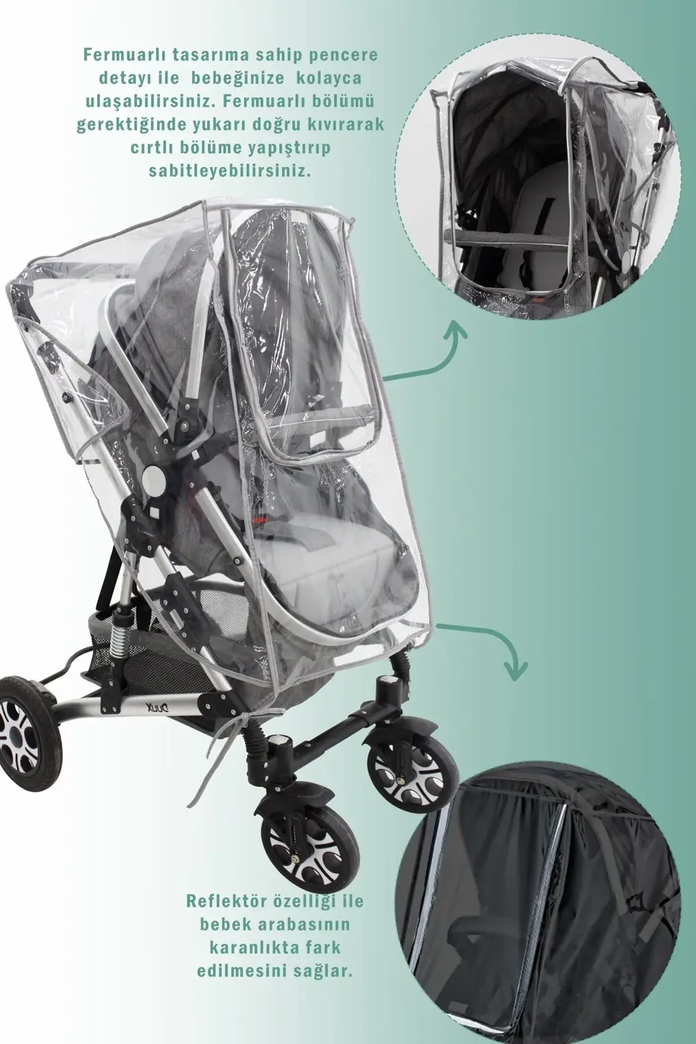 Mordesign Fermuarlı Ultra Lüx Bebek Arabası Yağmurluğu, Reflektör Özellikli