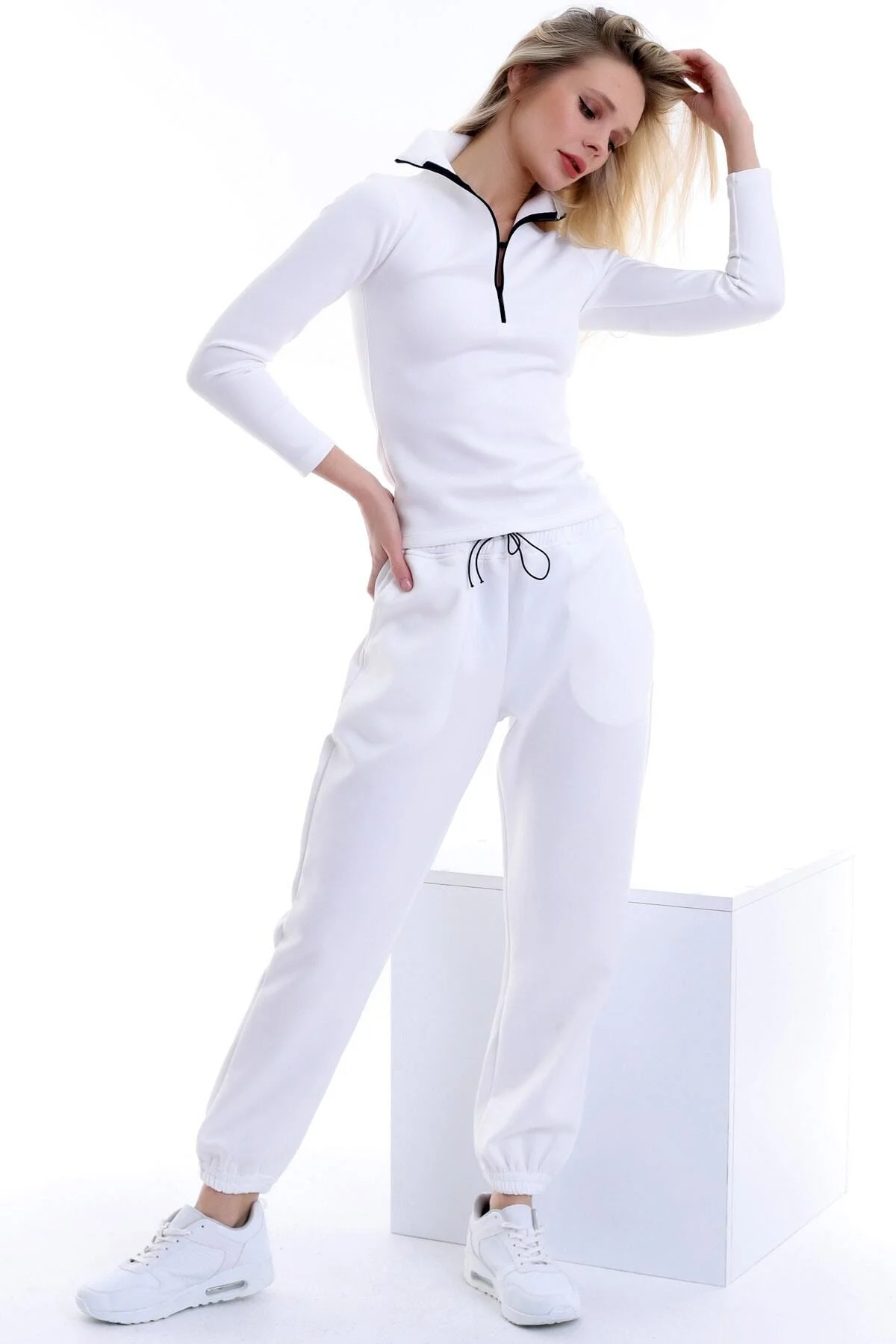 Fermuarlı Uzun Kol Beli Lastikli Cepli Sportif Jogging Takım