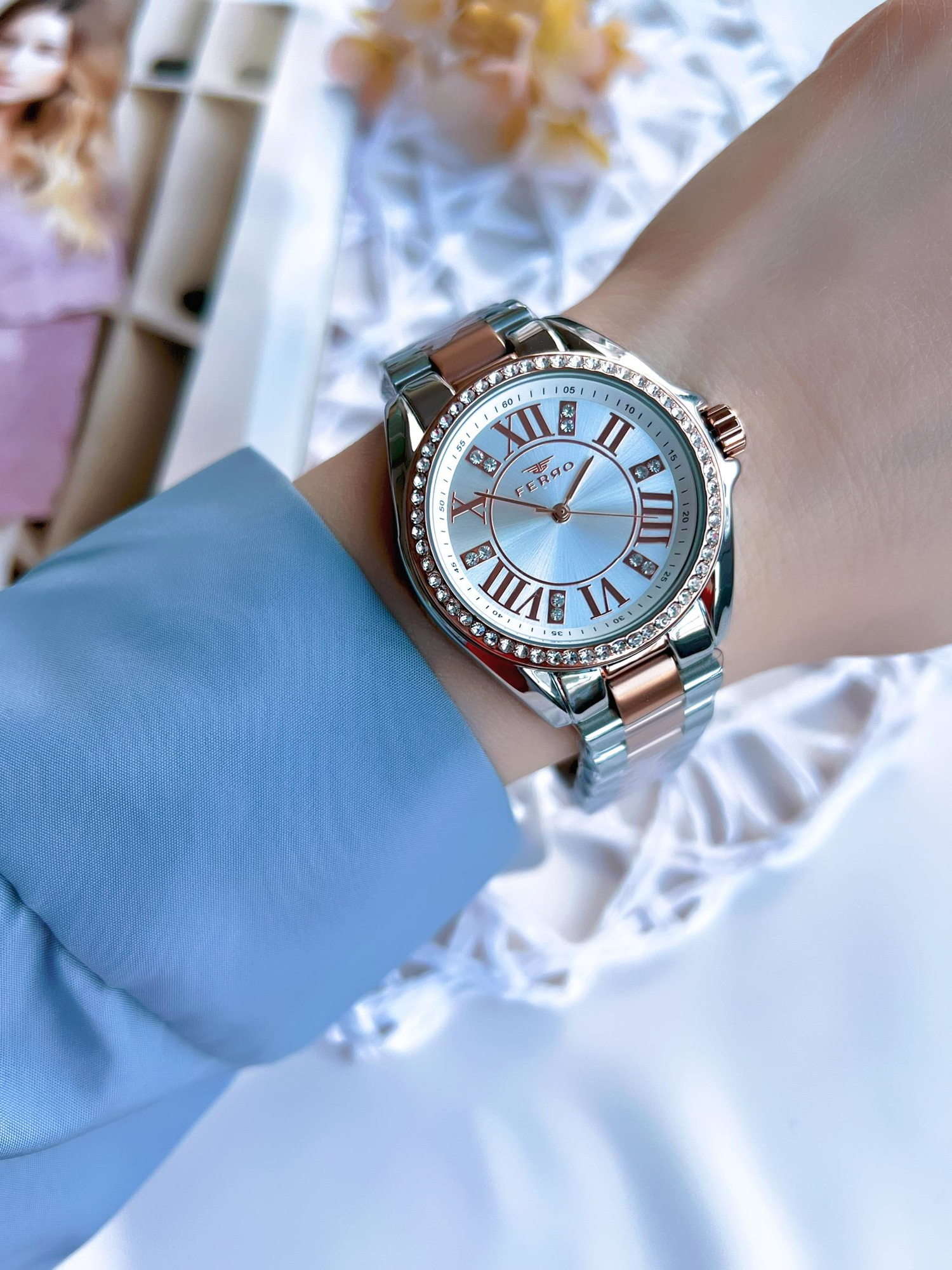 Ferro Çelik Kordonlu Gümüş/Rose Kararmaz Renk Atmaz 3 Atm  Özel T