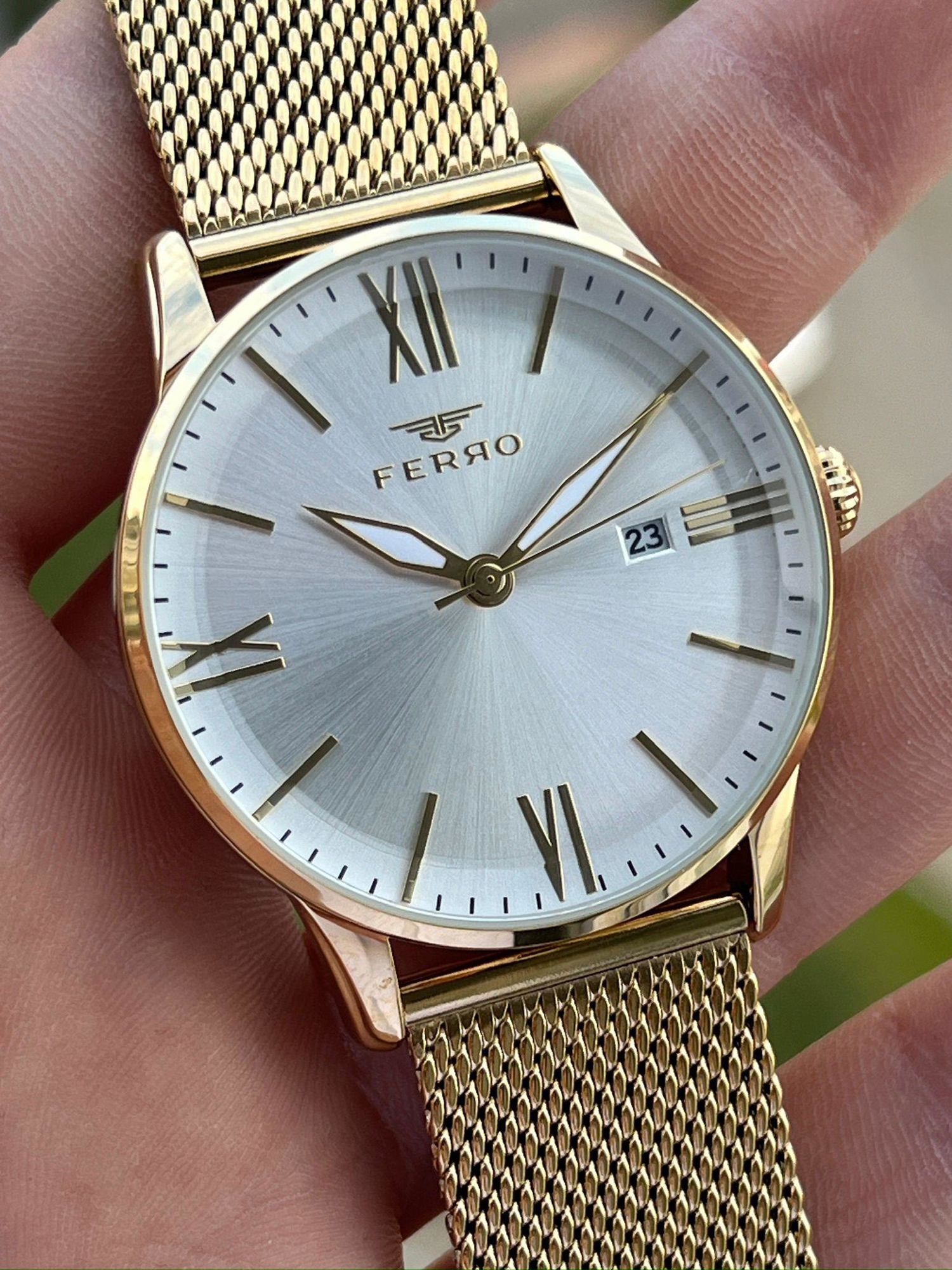 Ferro gold Renk Hasır Kordon 30 Mt Su Geçirmez Erkek Kol Saat EF1