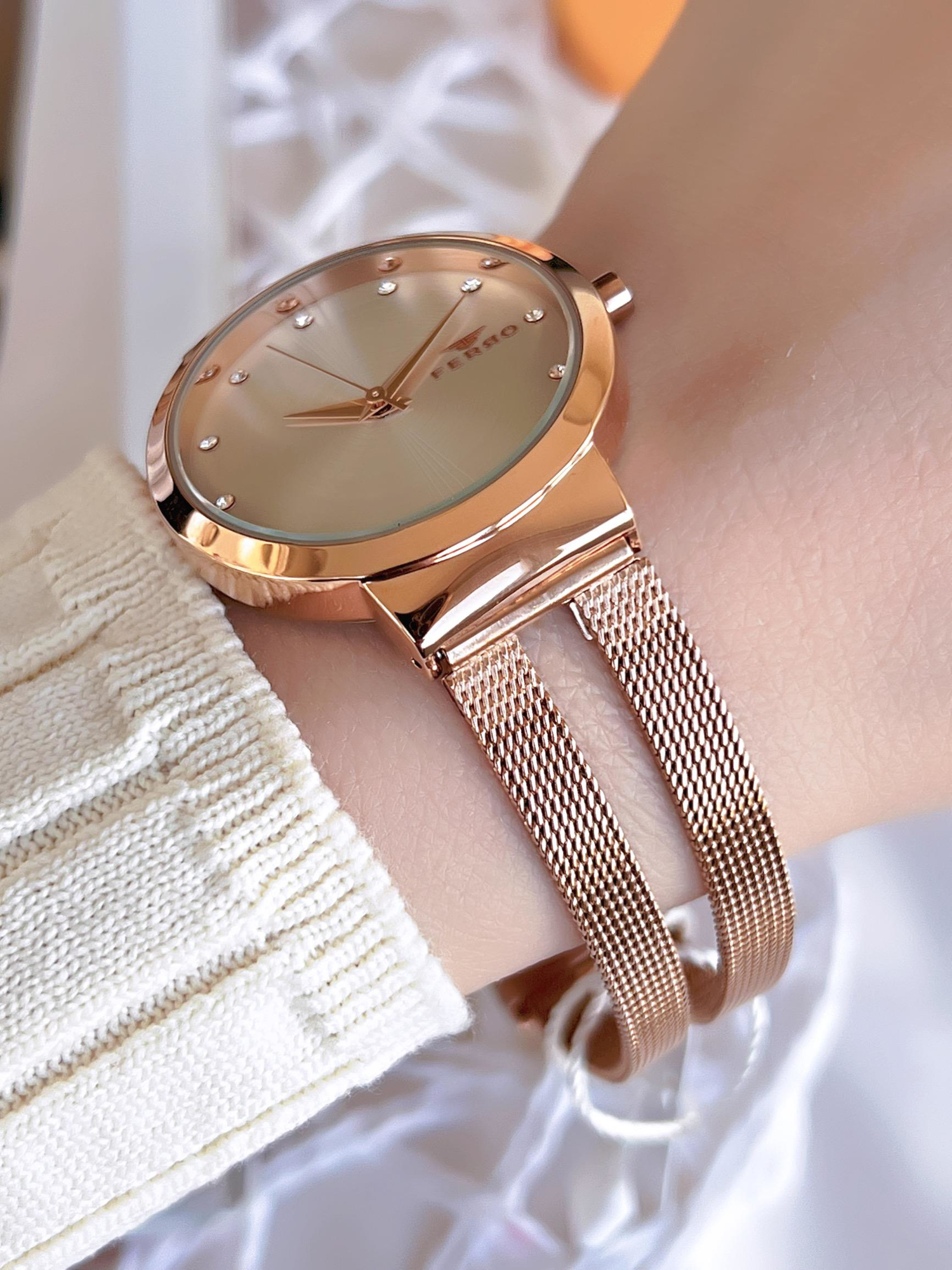 Ferro Hasır Kordonlu Rose Gold Kararmaz Renk Atmaz 3 Atm Özel Ta Ferro Hasır Kordonlu Rose Gold Kararmaz Renk Atmaz 3 Atm Özel Ta