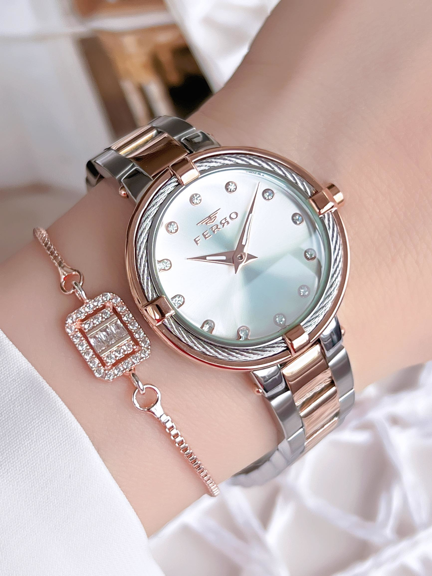 Ferro Hasır Kordonlu Gümüş/Rose Kararmaz Renk Atmaz 3 Atm Özel T Ferro Hasır Kordonlu Gümüş/Rose Kararmaz Renk Atmaz 3 Atm Özel T