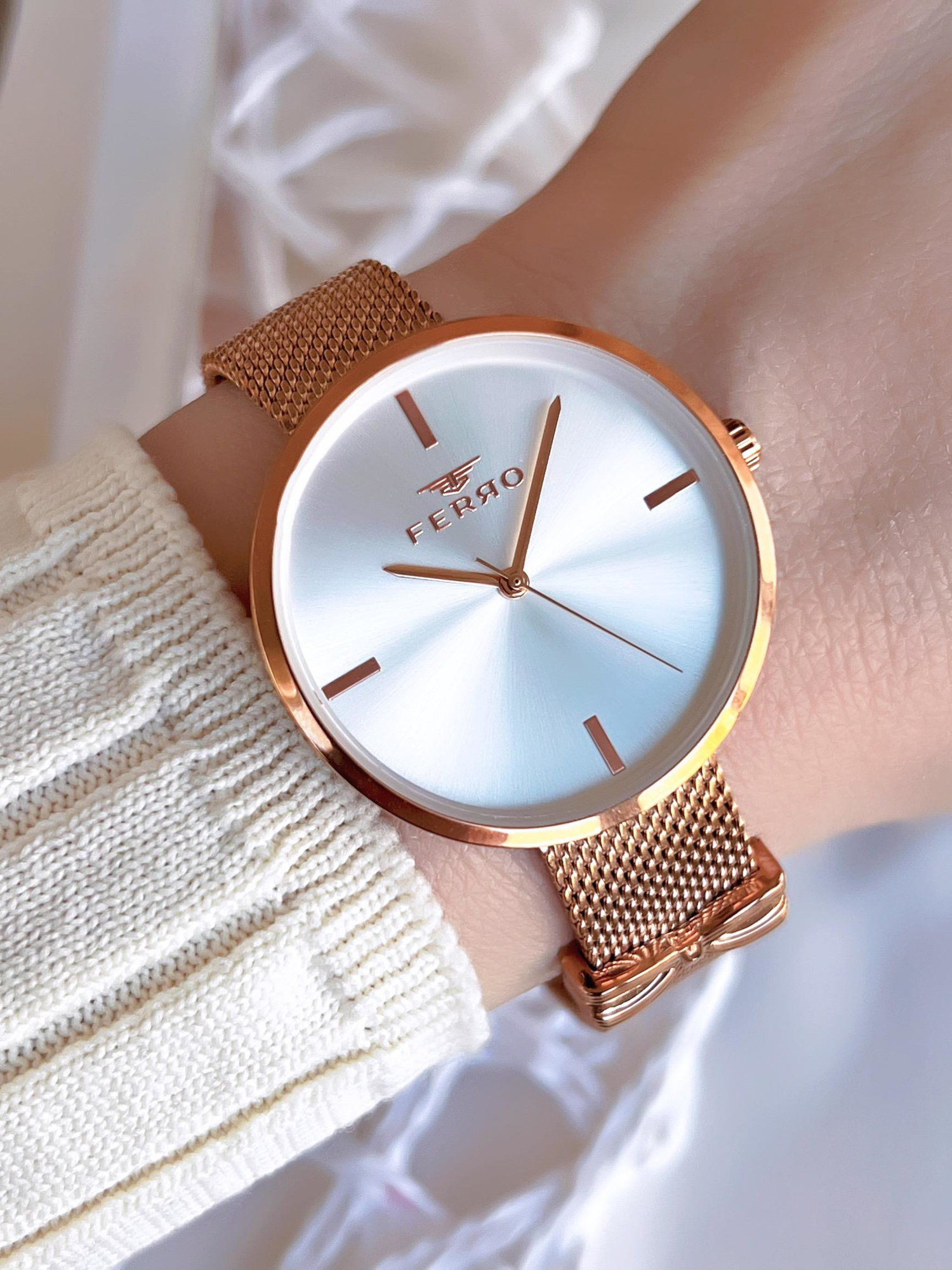 Ferro Hasır Kordonlu Rose Gold Kararmaz Renk Atmaz 3 Atm Özel Ta Ferro Hasır Kordonlu Rose Gold Kararmaz Renk Atmaz 3 Atm Özel Ta