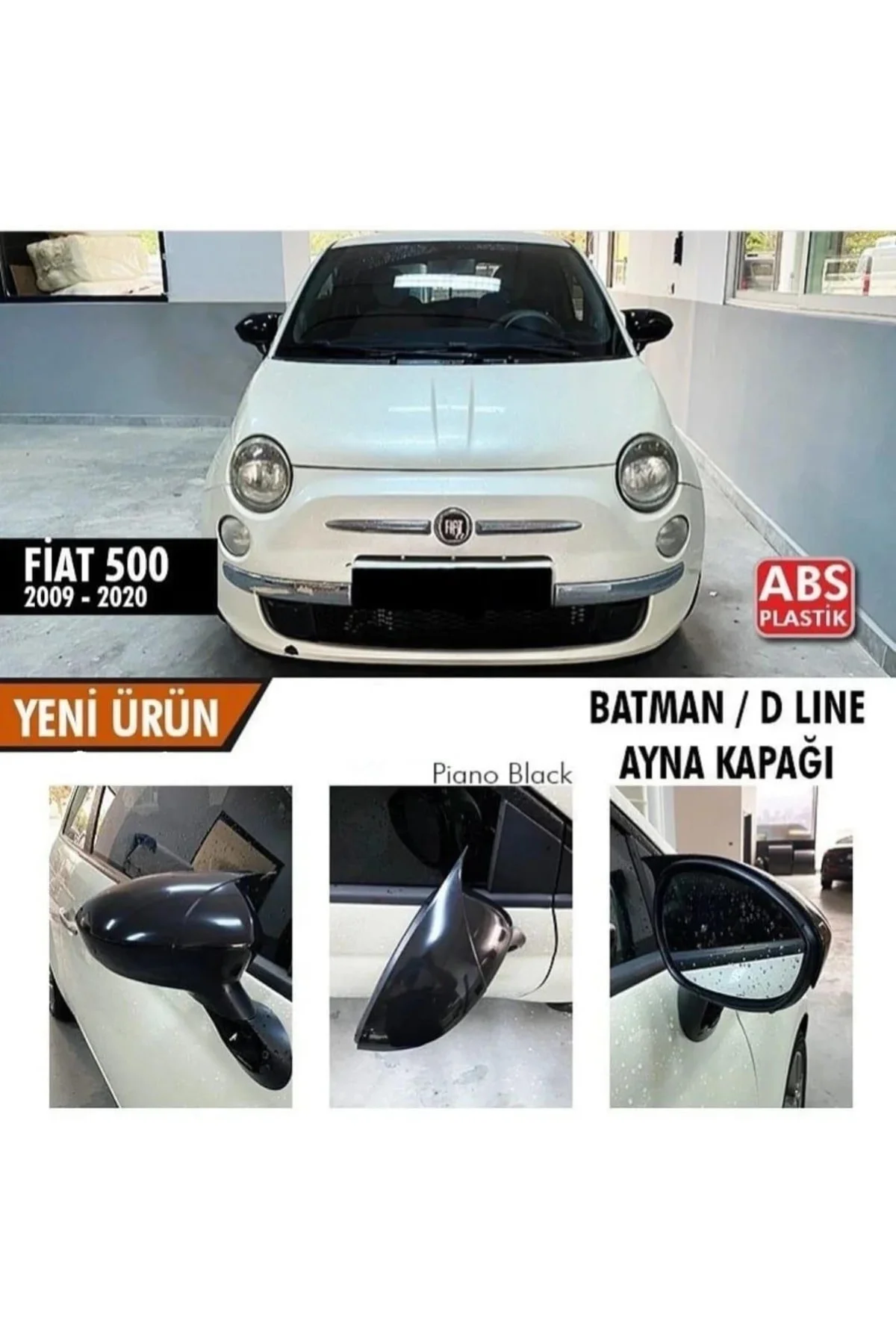 Fiat 500 Uyumlu (2009-2020) Batman Yarasa Ayna Kapağı (Parlak Siyah)