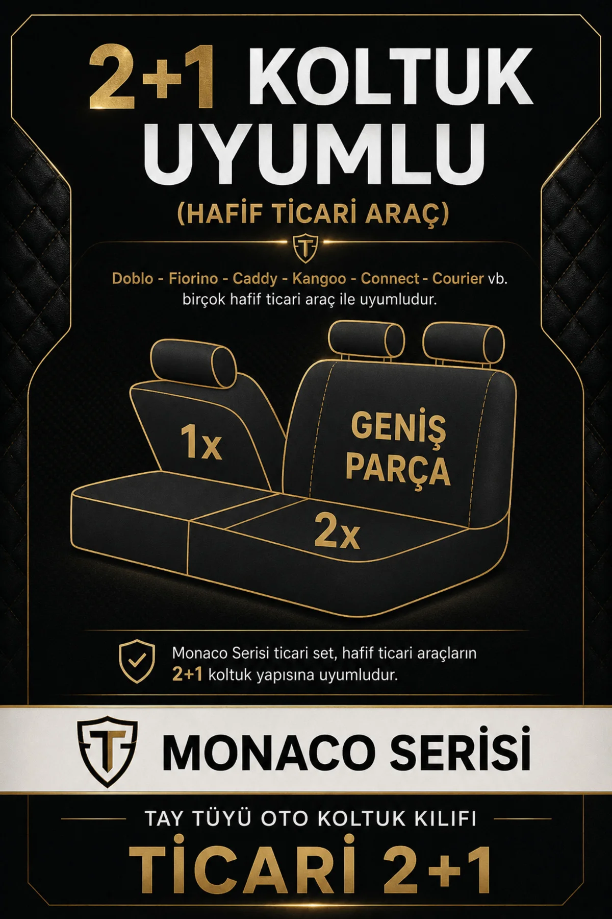 Fiat 500L 2012-2017 Uyumlu Monaco Serisi Eviza 2+1 Ticari Siyah Koltuk Kılıfı