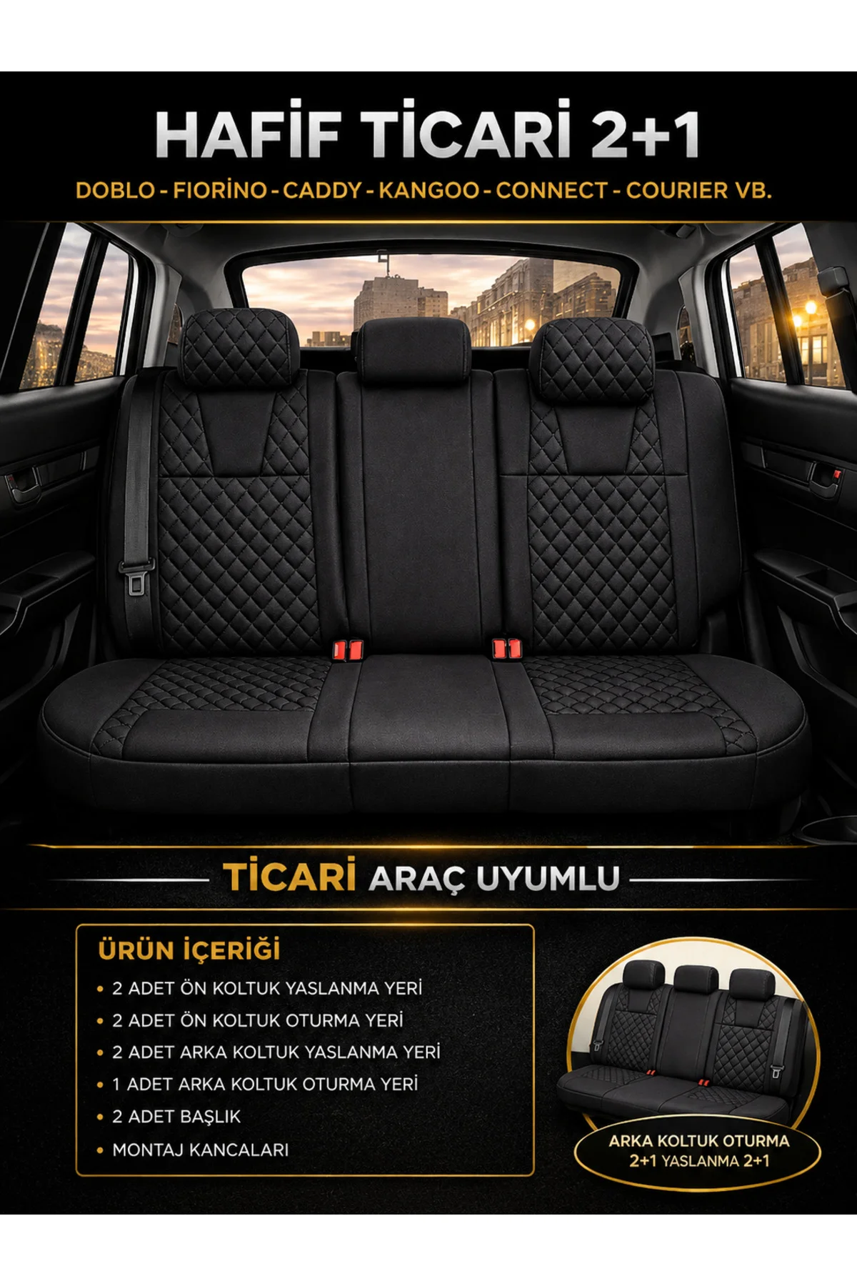 Fiat 500L 2012-2017 Uyumlu Monaco Serisi Eviza 2+1 Ticari Siyah Koltuk Kılıfı