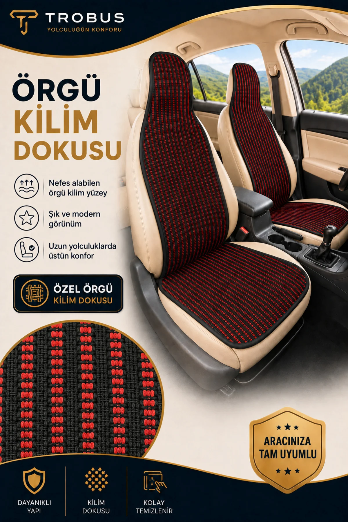 Fiat Albea 2002-2012 Örme Ön 2 Parça Minder Terletmez Kaymaz Taban Siyah Kırmızı - Görsel 5