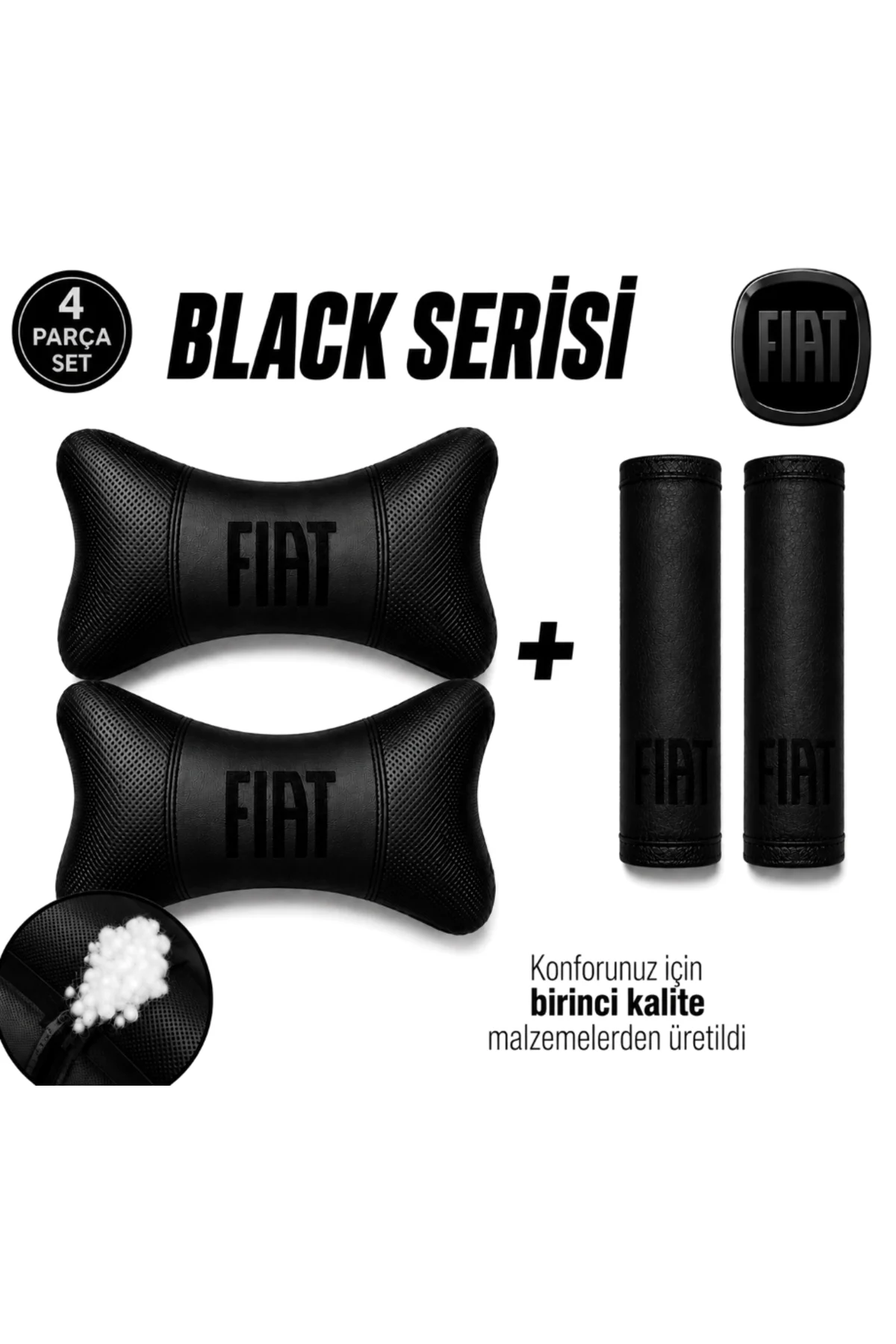 Fiat Black Serisi 4 Parça Oto Boyun Yastığı ve Emniyet Kemer Pedi Seti – 2 Yastık + 2 Kemer Pedi, Siyah Nakışlı Fiat Black Serisi 4 Parça Oto Boyun Yastığı ve Emniyet Kemer Pedi Seti – 2 Yastık + 2 Kemer Pedi, Siyah Nakışlı