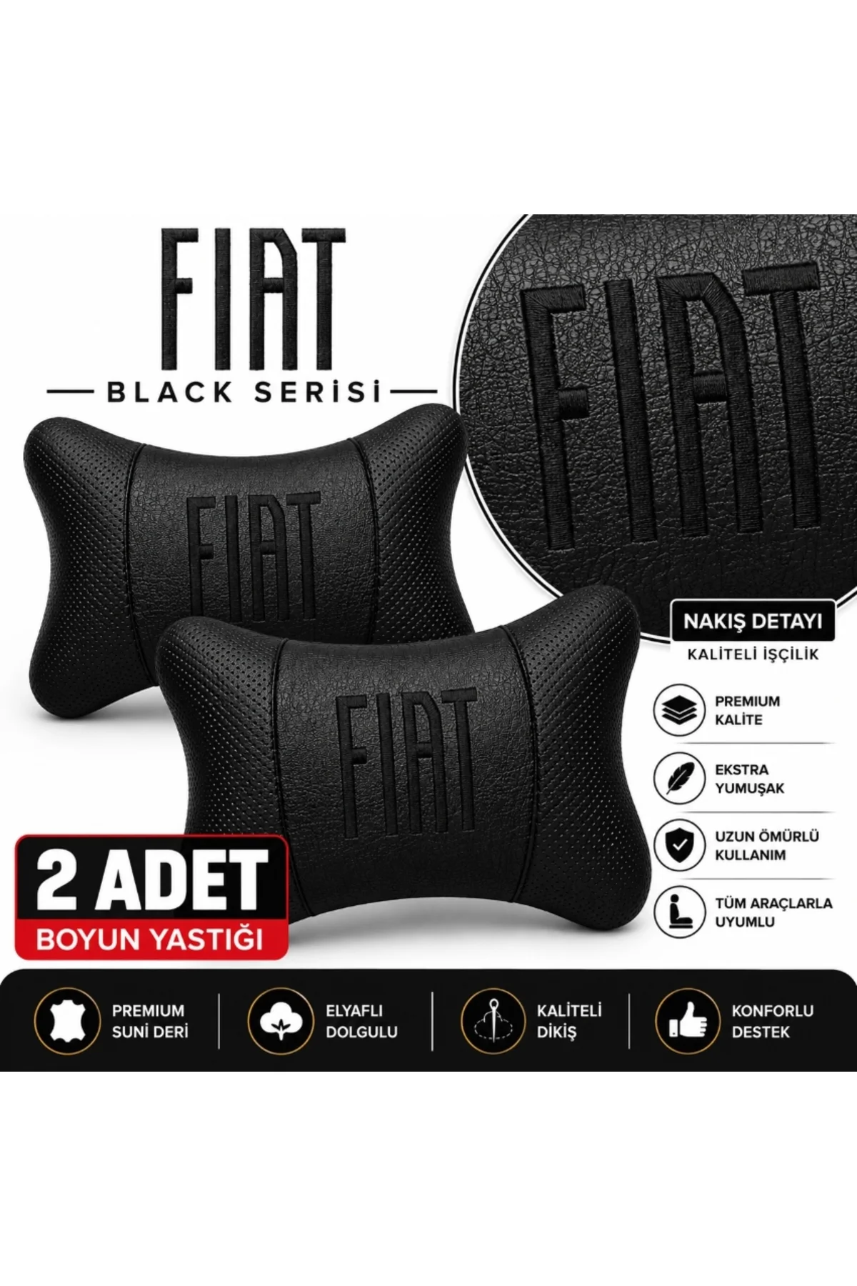 Fiat Black Serisi 4 Parça Oto Boyun Yastığı ve Emniyet Kemer Pedi Seti – 2 Yastık + 2 Kemer Pedi, Siyah Nakışlı Fiat Black Serisi 4 Parça Oto Boyun Yastığı ve Emniyet Kemer Pedi Seti – 2 Yastık + 2 Kemer Pedi, Siyah Nakışlı - Görsel 2