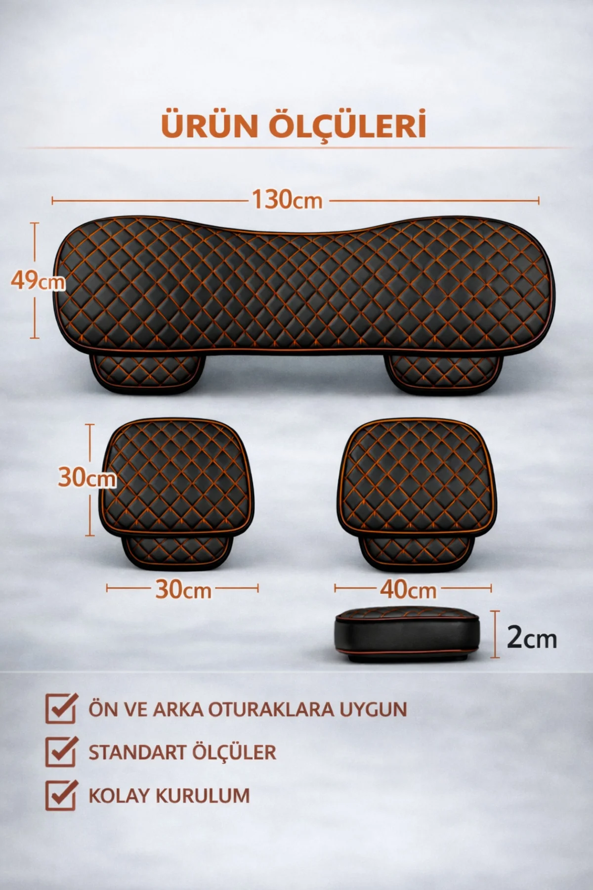 Fiat Bravo 2007-2014 Uyumlu 3 Parça Deri Oturak Minder Siyah - Turuncu