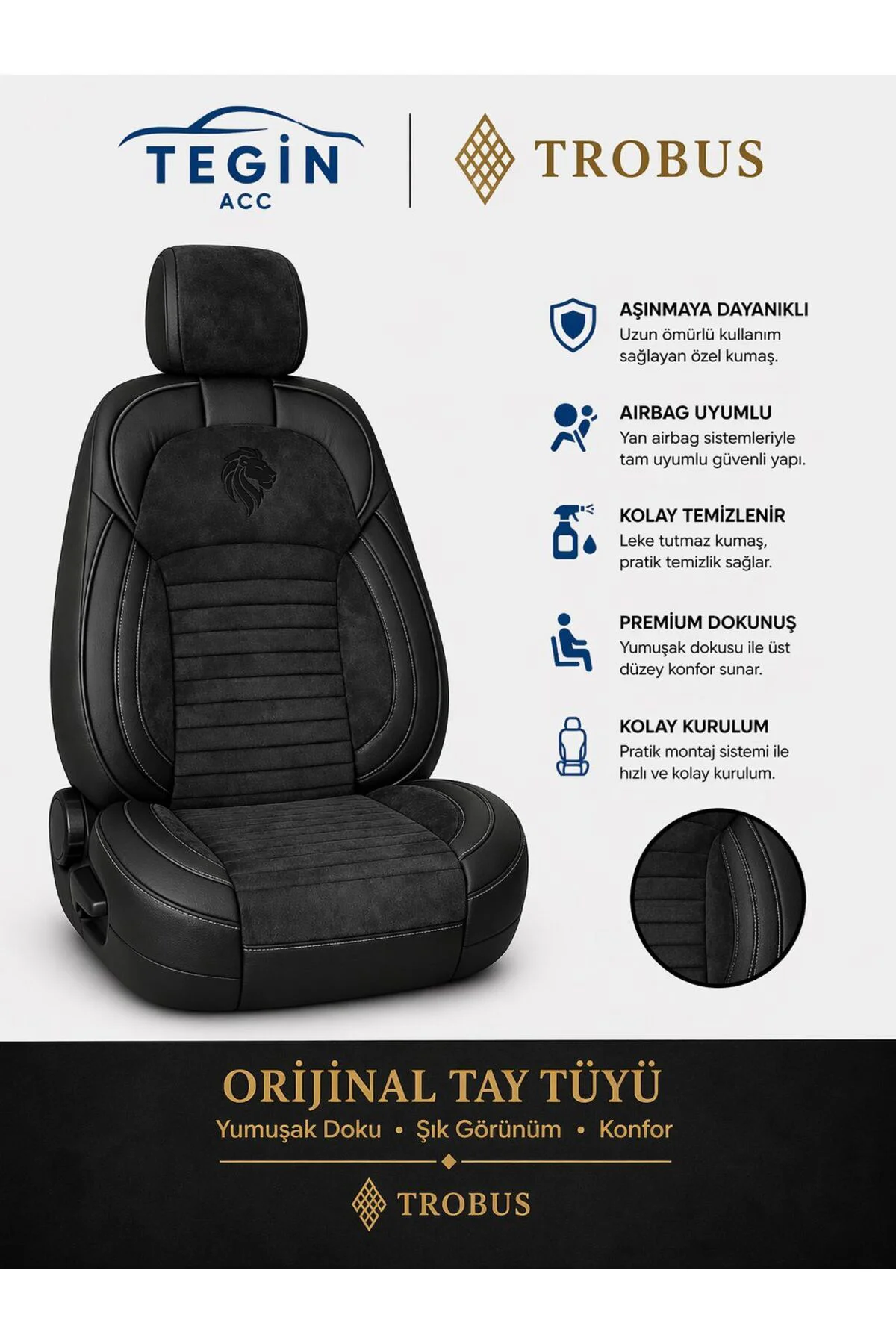 Fiat Bravo 2007-2014 Araca Uyumlu Premium Tay Tüyü Koltuk Kılıfı Liona Serisi Siyah