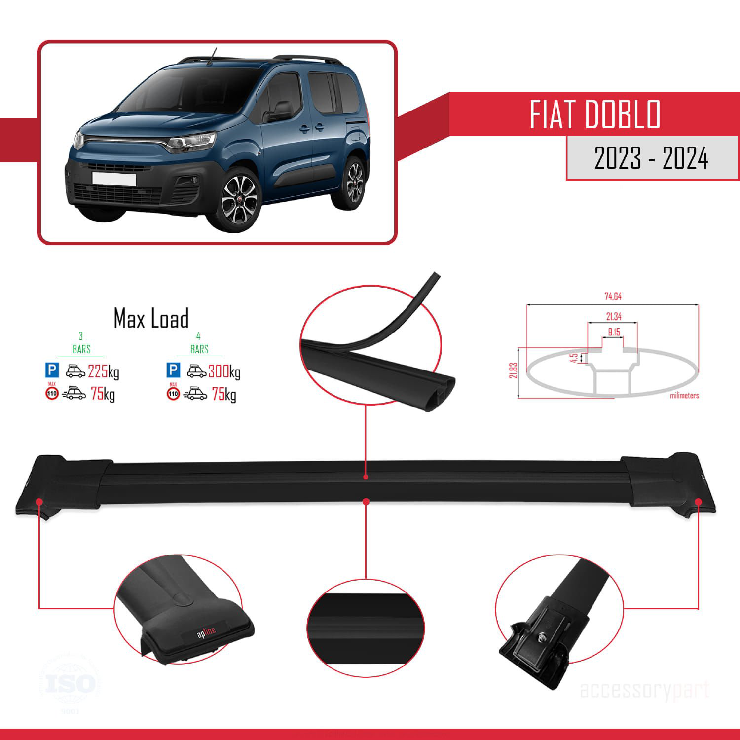 Fiat Doblo 2023 ve Sonrası ile uyumlu FLY Model Ara Atkı Tavan Ba