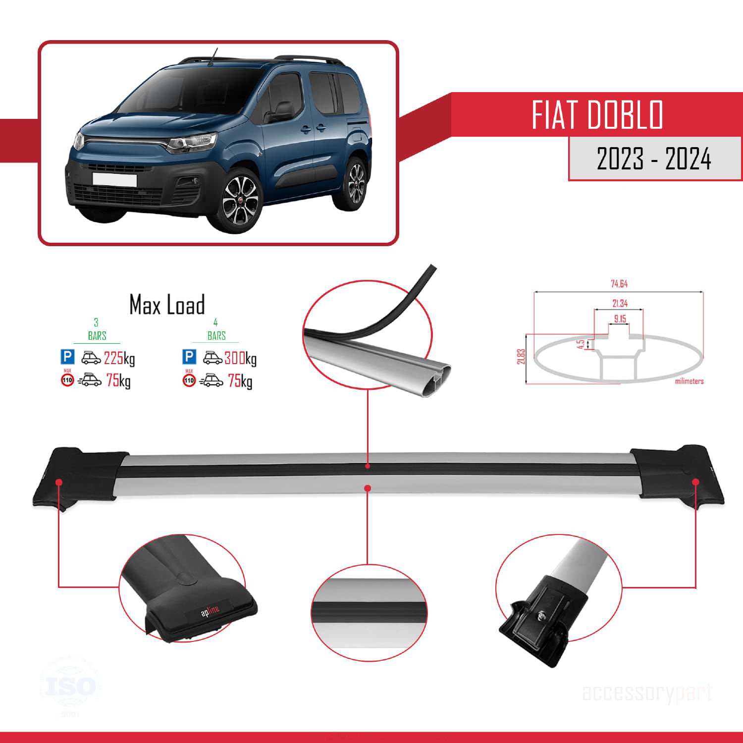 Fiat Doblo 2023 ve Sonrası ile uyumlu FLY Model Ara Atkı Tavan Ba