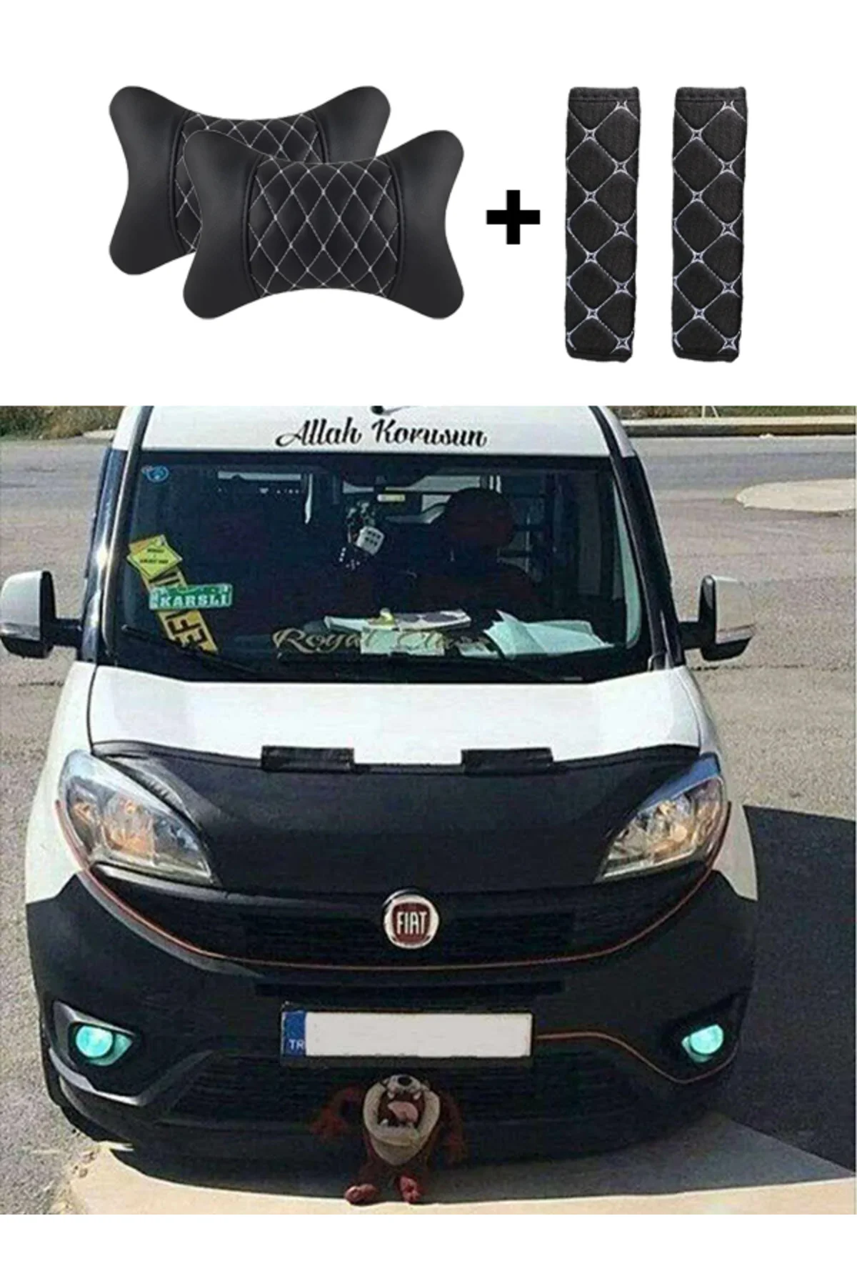Fiat Doblo 4 2016 Suni Deri Lüx Kaput Koruyucu Maske Beyaz Nakış Kapitone Yastık-Kemer Setli Fiat Doblo 4 2016 Suni Deri Lüx Kaput Koruyucu Maske Beyaz Nakış Kapitone Yastık-Kemer Setli