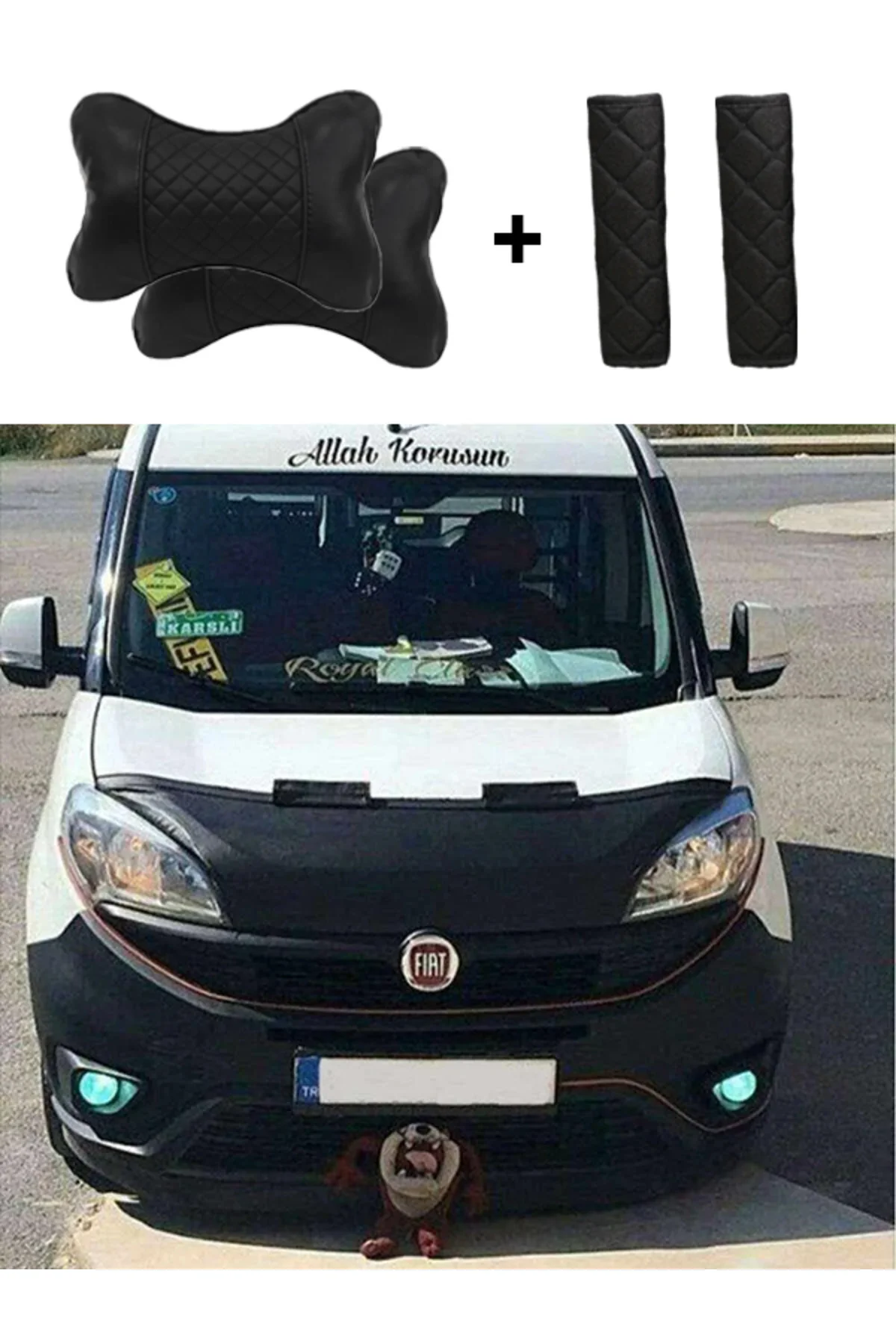 Fiat Doblo 4 2016 Uyumlu Suni Deri Lüx Kaput Koruyucu Maske Siyah Nakış Kapitone Yastık-Kemer Setli Fiat Doblo 4 2016 Uyumlu Suni Deri Lüx Kaput Koruyucu Maske Siyah Nakış Kapitone Yastık-Kemer Setli