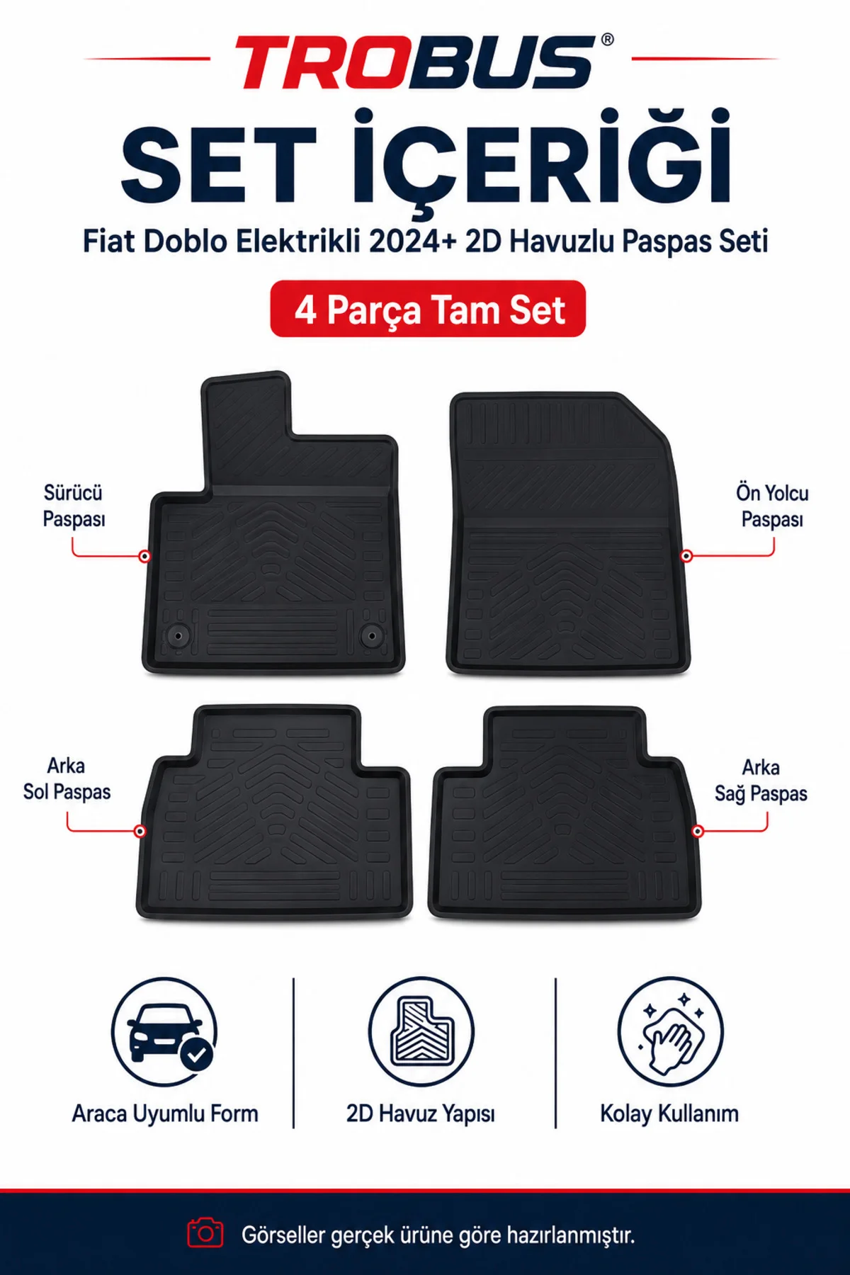 Fiat Doblo Elektrikli 2024 ve Sonrası 7 Koltuk 2D Havuzlu Paspas