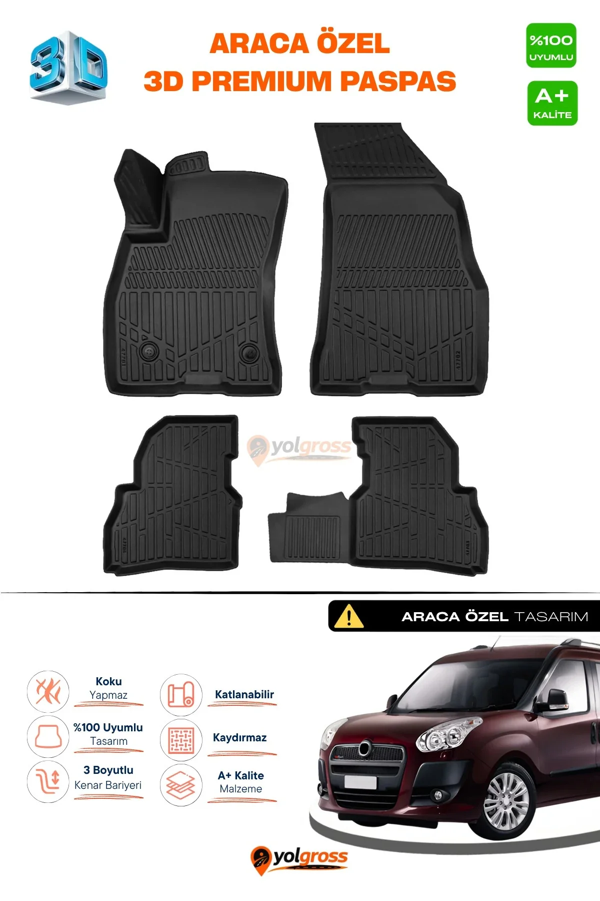 Fiat Doblo Geniş Aile 3D Pro Havuzlu Paspas 2010-2022 A+ Kalite