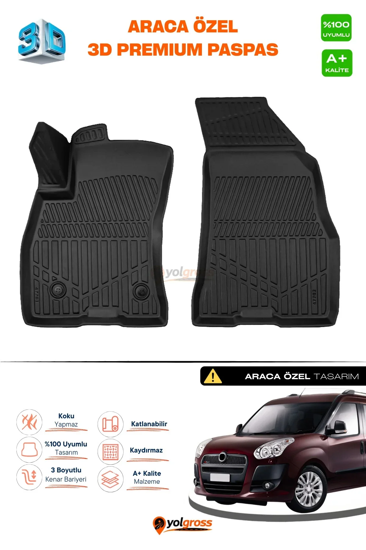 Fiat Doblo Panelvan 3D Pro Havuzlu Ön 2'li Paspas 2010-2023 A+ Kalite