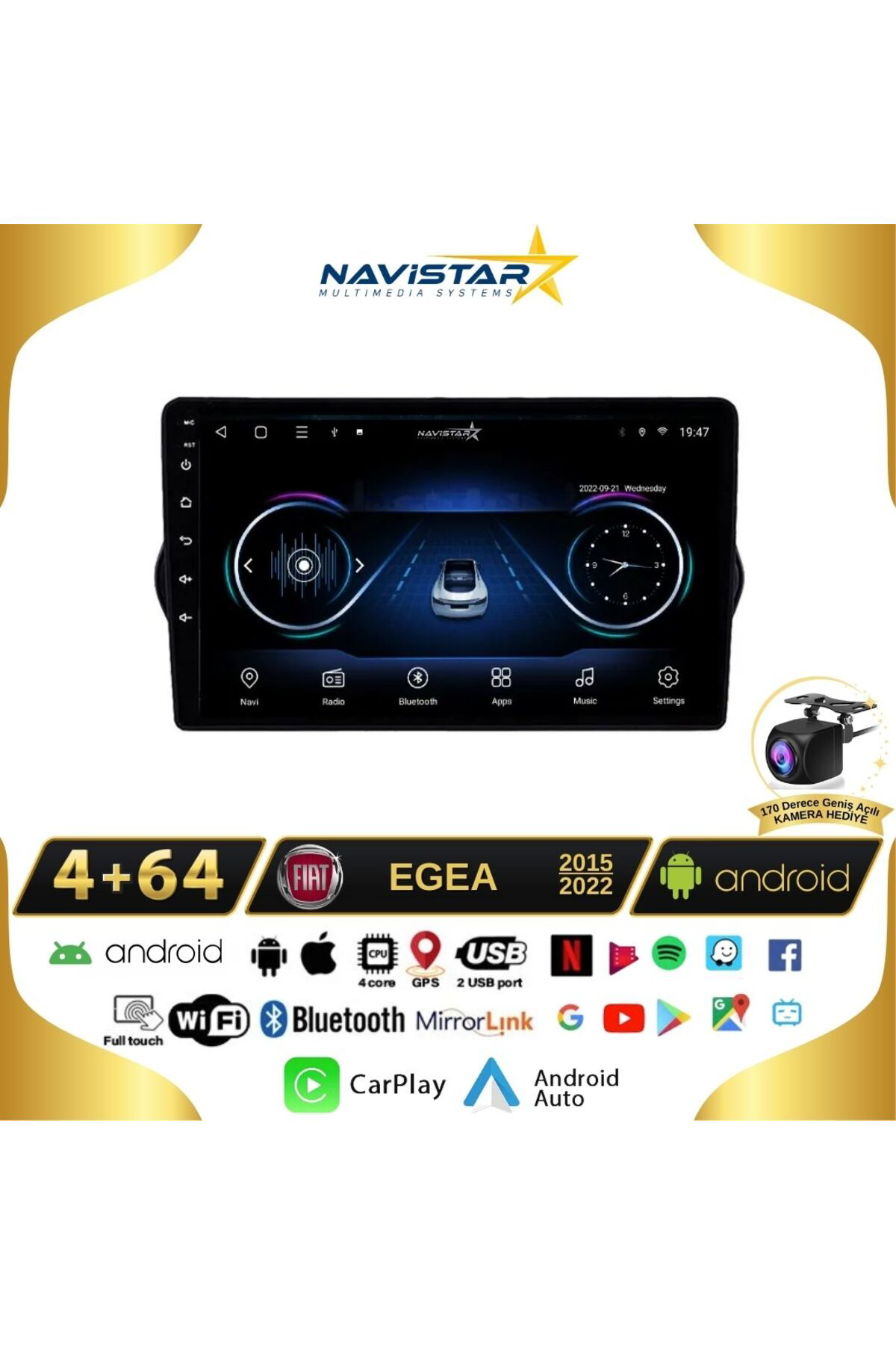 Fiat Egea 4gb 64gb Kablosuz Carplay 2015-2022 Android 13 Navigasyon Multimedya Sistemi