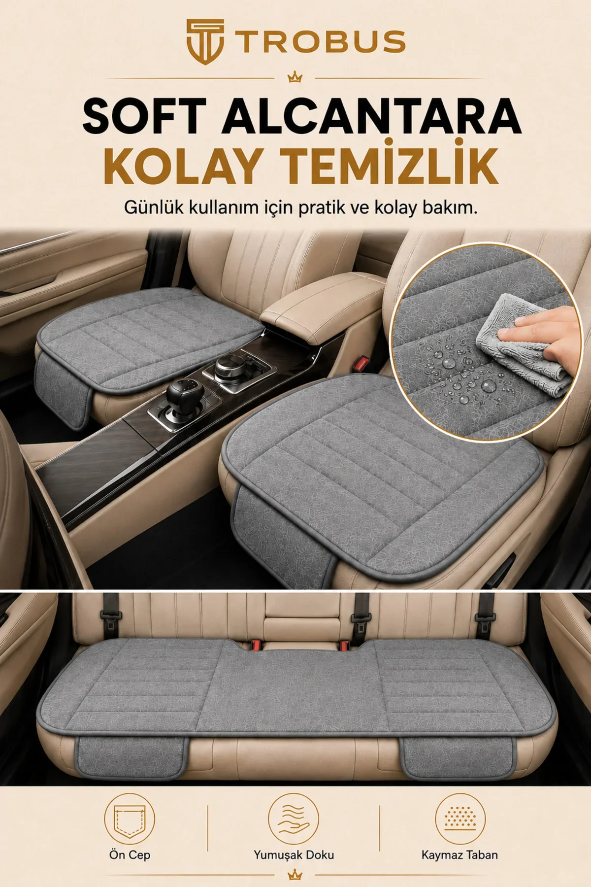 Fiat Egea Bütün 2015+ Soft Alkantara Çizgili Baby Face 3'lü Oturak Minderi Gri - Görsel 2