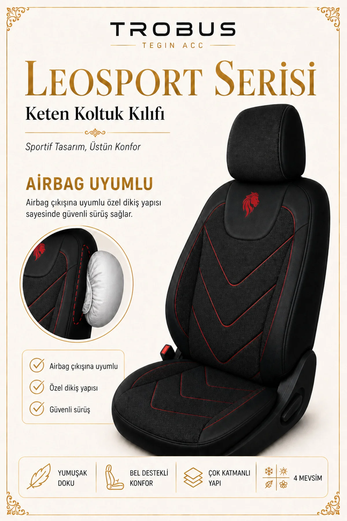 Fiat Egea Cross 2020 Sonrası Uyumlu LeoSport Serisi Siyah Kırmızı Ortopedik Keten Koltuk Kılıfı