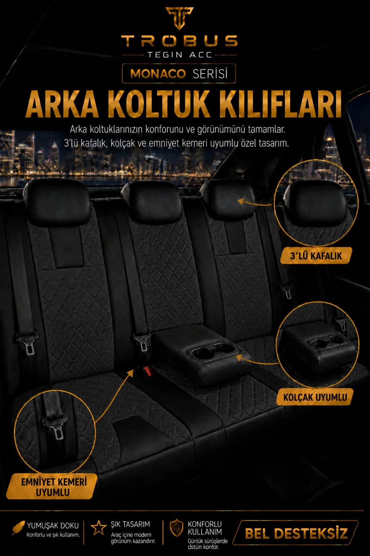 Fiat Egea HB 2017+ Uyumlu Monaco Serisi Eviza Deri Detaylı Siyah Koltuk Kılıfı