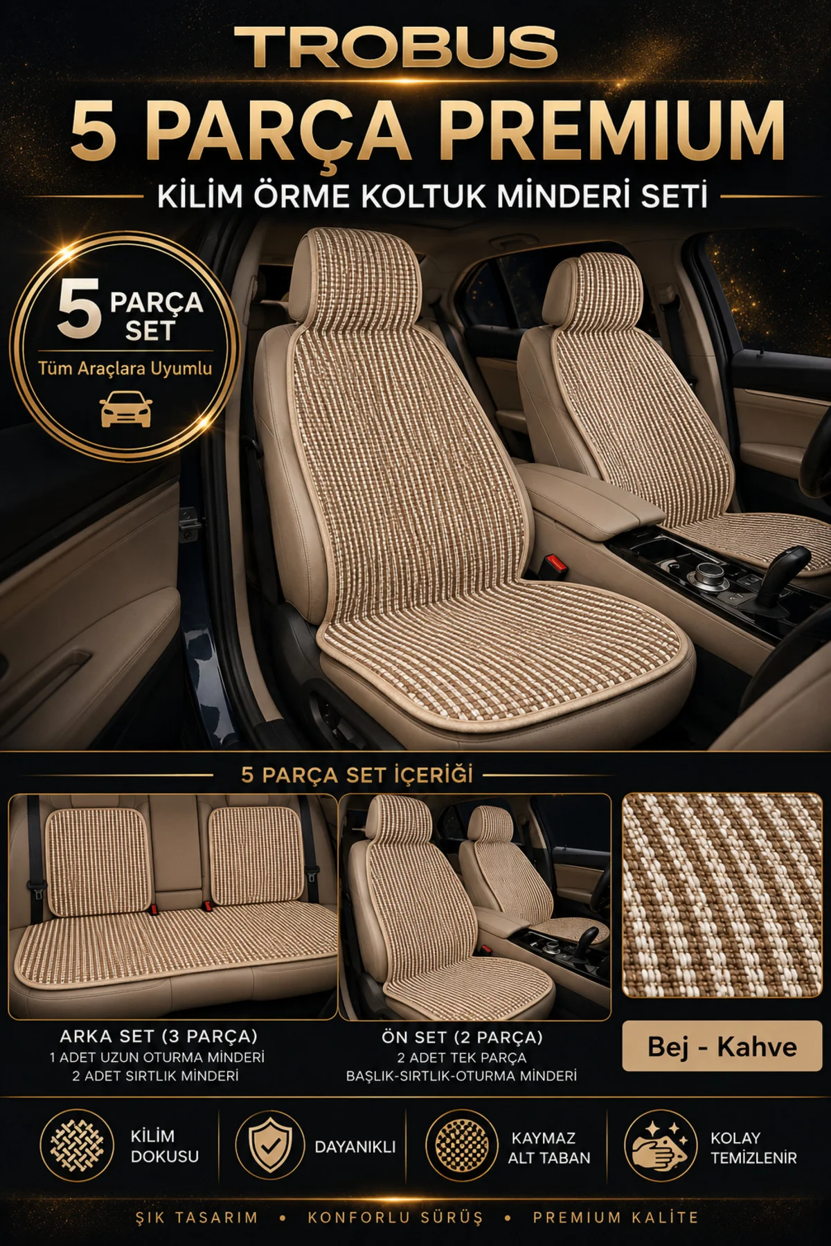 Fiat Egea Sedan 2014 ve Sonrası Uyumlu Premium Örme Kilim 5 Parça Minder Bej