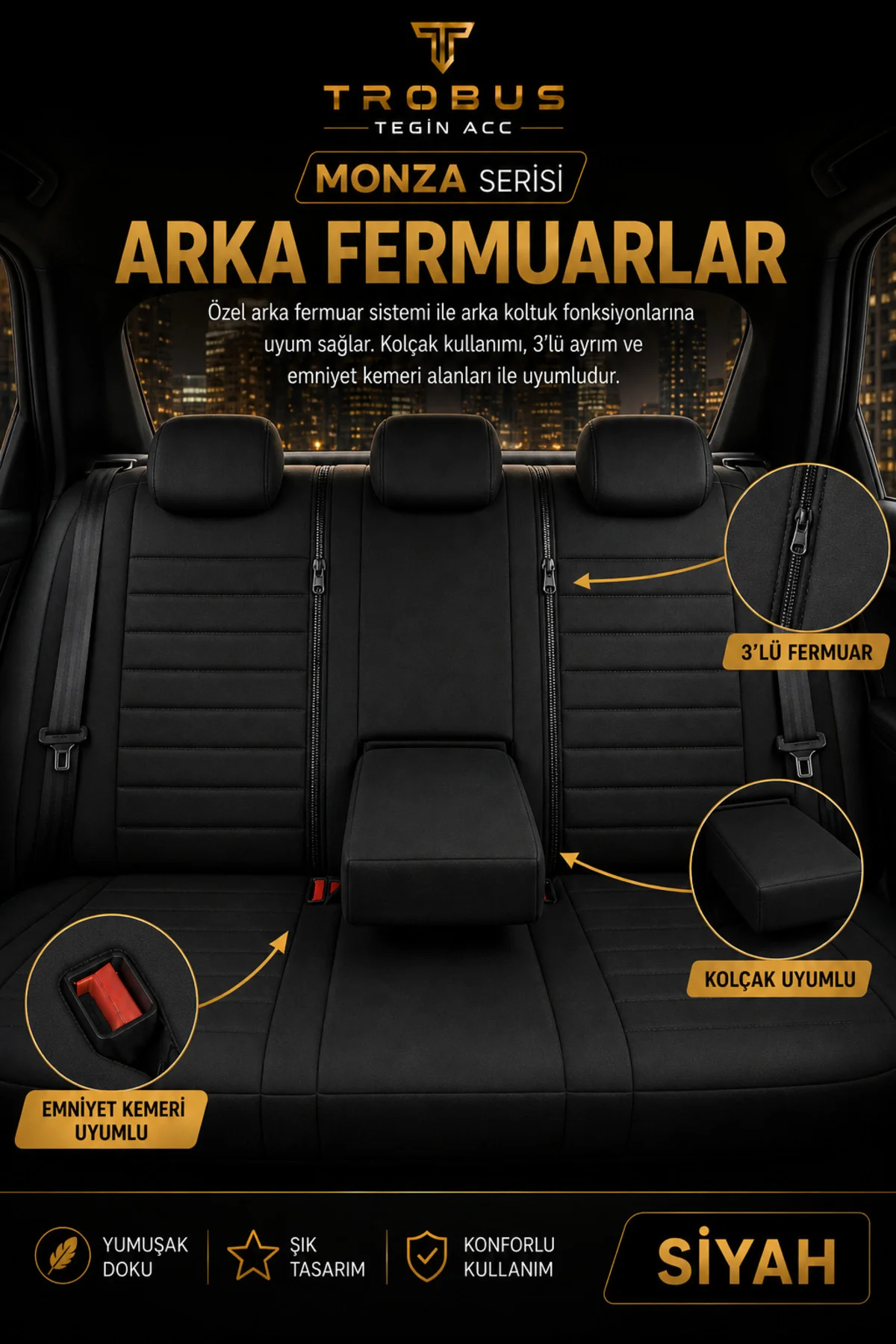 Fiat Egea Sedan 2014+ Uyumlu Monza Serisi Sport Tay Tüyü Kadife Siyah Koltuk Kılıfı