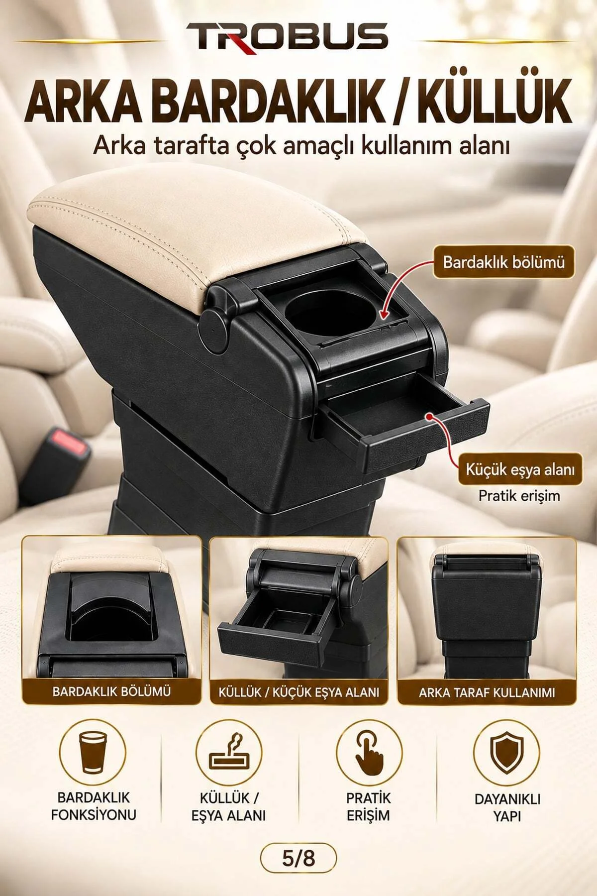 Fiat Fiorino 2008-2026 Uyumlu Ayarlanabilir Ayaklı Kolçak Kol Dayama Bardaklıklı Bej Siyah - Görsel 5