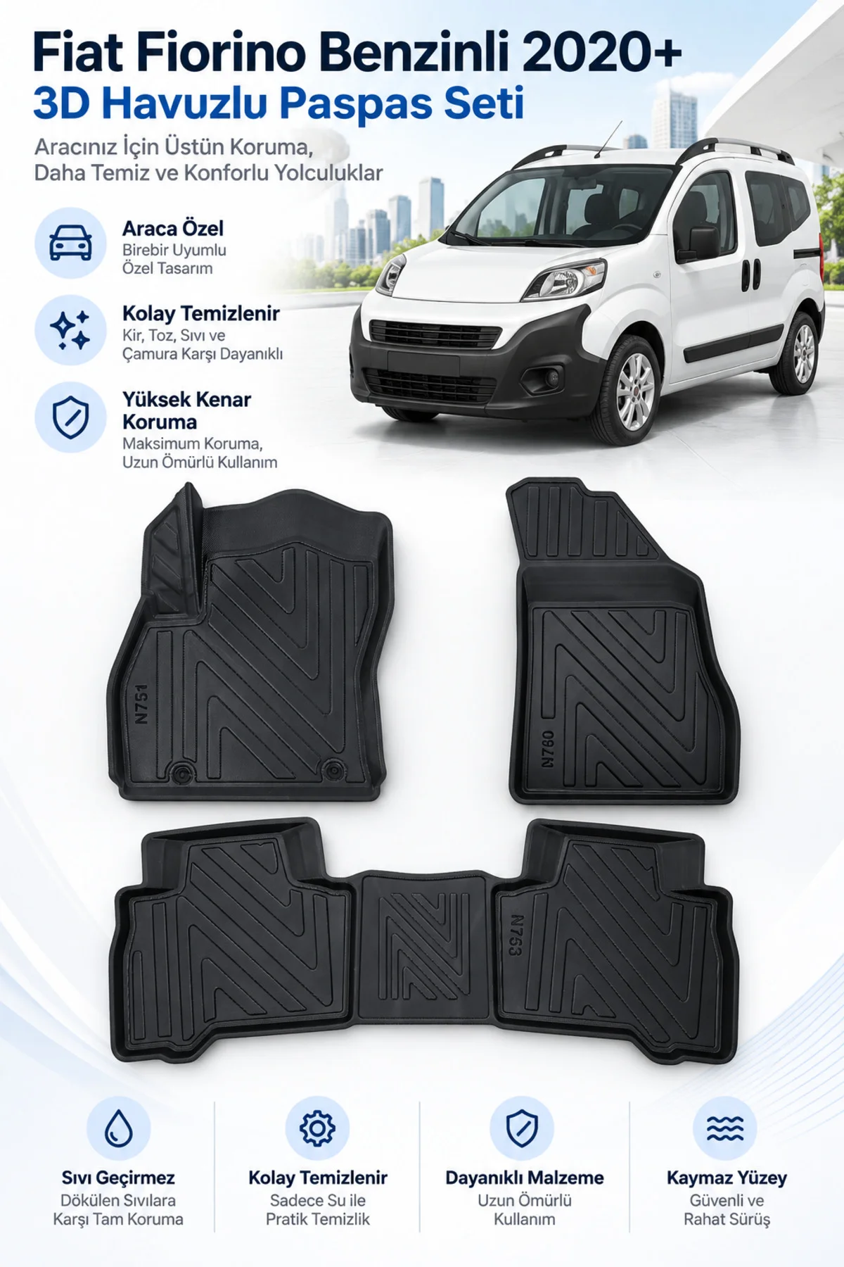 Fiat Fiorino Benzinli 2020 Sonrası Karbon Desenli Premium 3D Havuzlu Oto Paspas