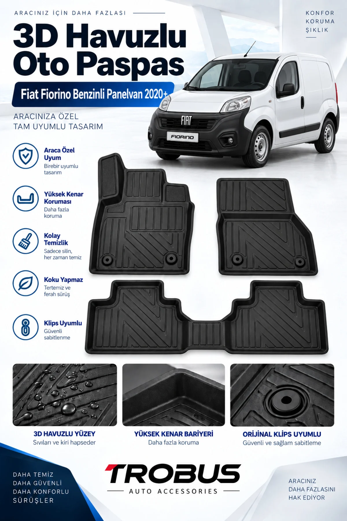 Fiat Fiorino Benzinli Panelvan 2020 Sonrası Karbon Desenli 3D Havuzlu Oto Paspas 2 Parça Ön Takım