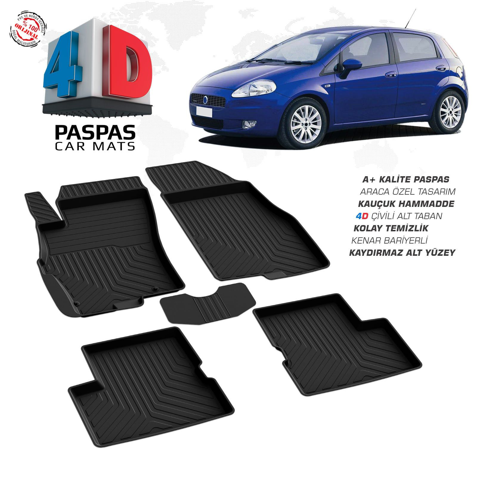 Fiat Grande Punto 4D Araca Özel Havuzlu Kauçuk Paspas 2006-2018