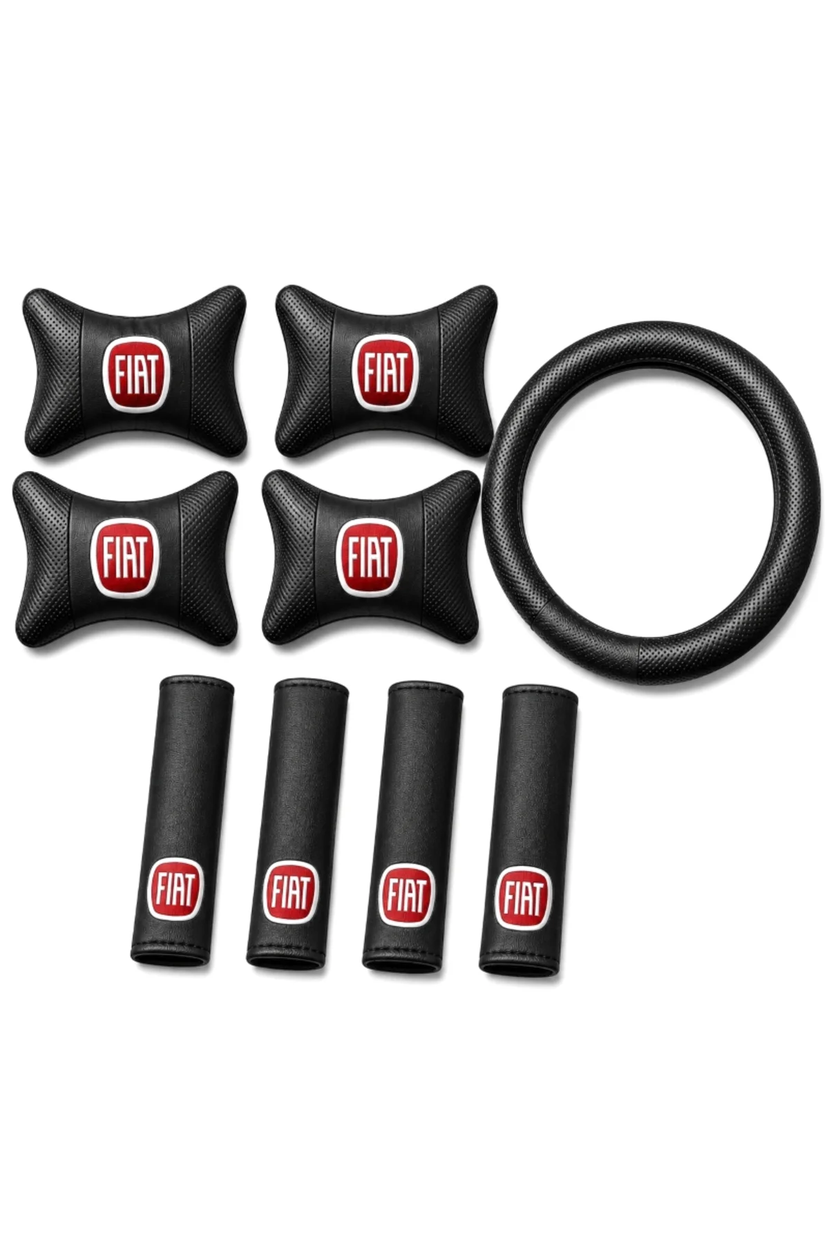 Fiat Logolu 9 Parça Oto Boyun Yastığı Kemer Pedi ve Direksiyon Kılıfı Seti Siyah Deri Görünümlü Universal Araç İçi Konfor Seti Fiat Logolu 9 Parça Oto Boyun Yastığı Kemer Pedi ve Direksiyon Kılıfı Seti Siyah Deri Görünümlü Universal Araç İçi Konfor Seti